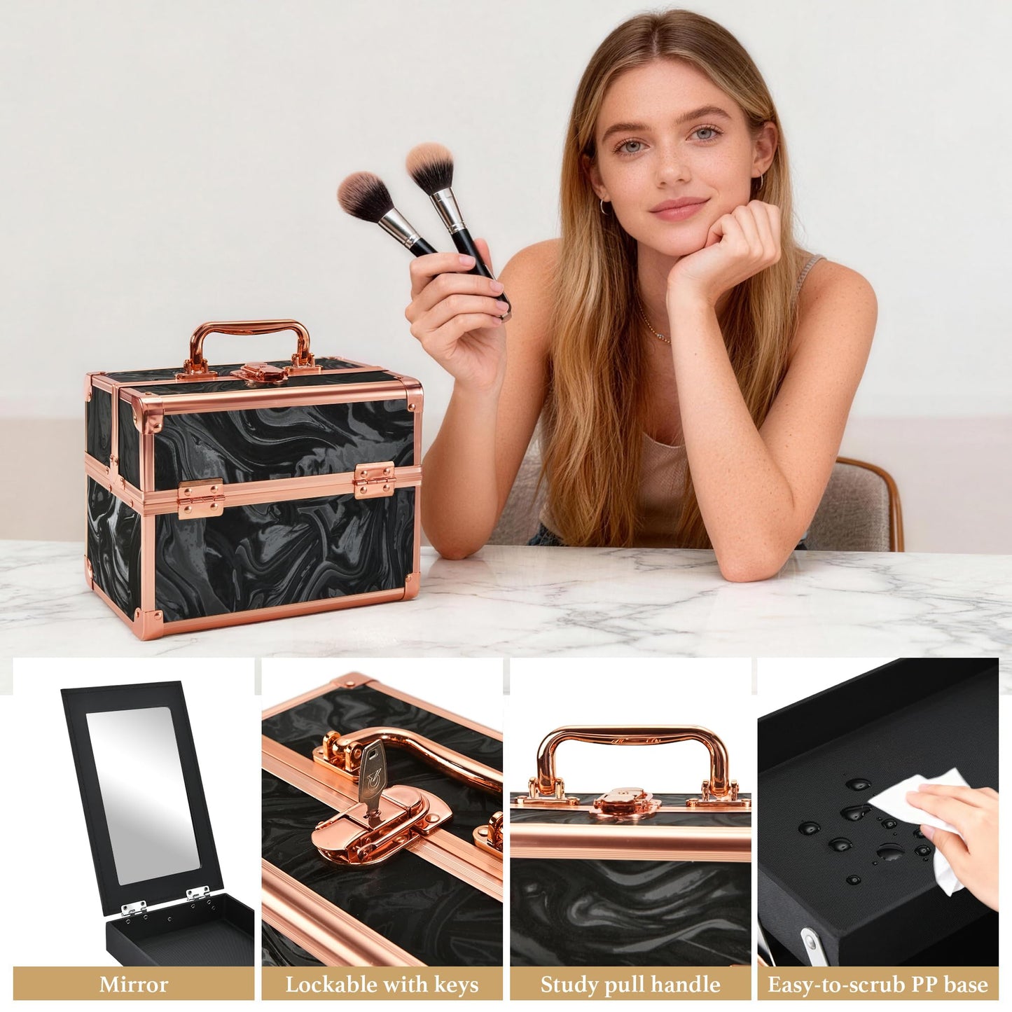 GALHUBIS Makeup Train Case, Portable Makeup Case with Mirror, 2-Trays Cosmetic Organizer Case,Nail Polish Organizer, Travel Makeup Box, Profesional for Salon Barber, Rose Gold Black