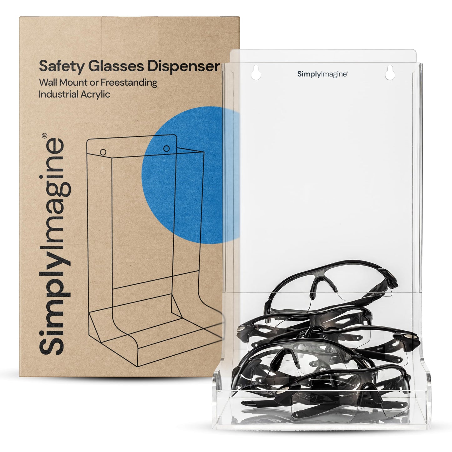SimplyImagine Safety Glasses Holder Wall Mount Dispenser Bin - Clear Acrylic Top-Loading Organizer - Tabletop & Wall-Mounted Safety Glasses Dispenser - Slanted Tray for Industrial, Lab, Dental Use
