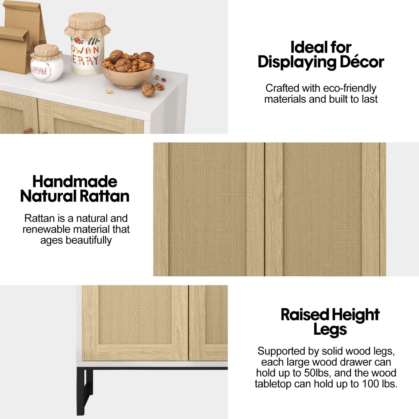 Panana Rattan Decorated 2 Doors Storage Cabinet Accent Cabinet Living Room Cupboard Kitchen Sideboard Buffet Table (White)