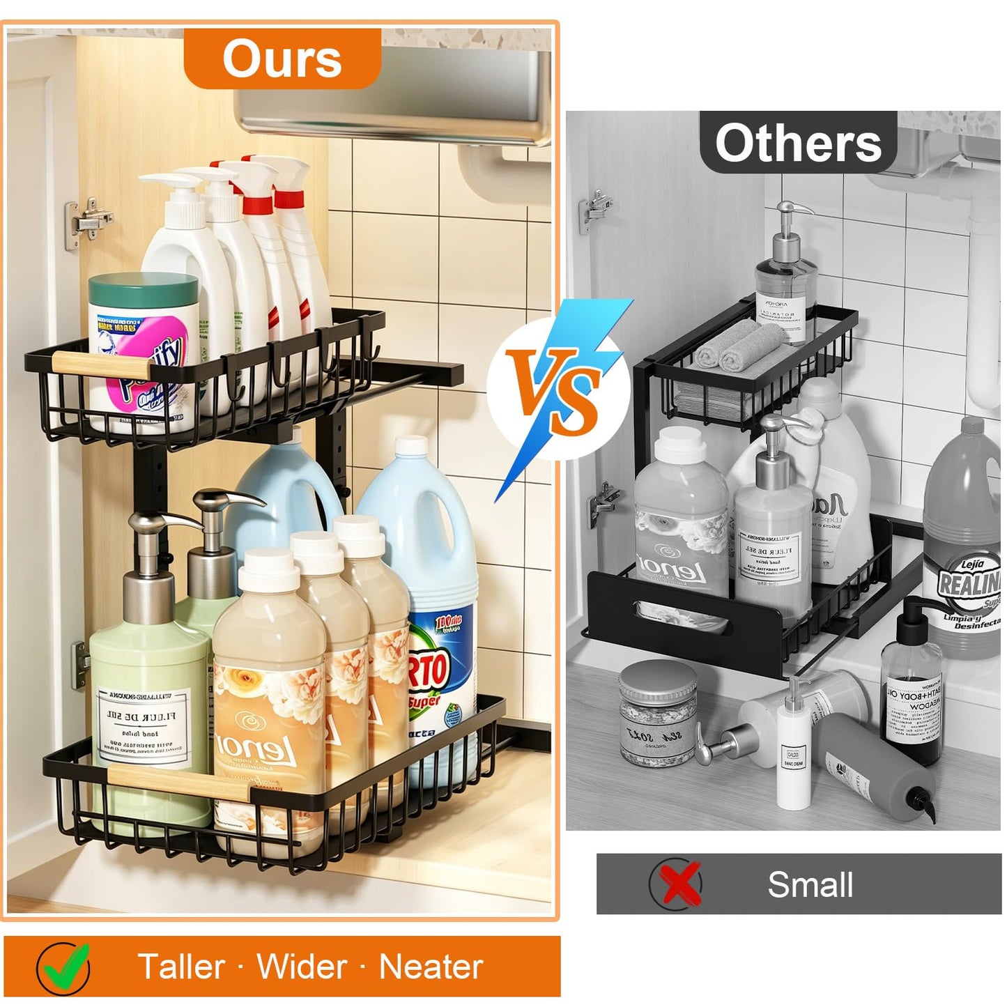 REALINN Under Sink Organizer, 2 Pack Height Adjustable Under Sink Organizers and Storage, 2 Tier Pull Out Drawer Cabinet Storage for Kitchen Bathroom