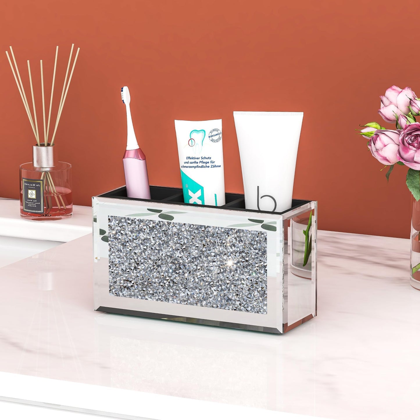 SHYFOY Mirrored Makeup Brush Holder Organizer, 3 Slot Glass Cosmetics Brushes Storage Holders with Crystal Crushed Diamond, Cute Pen and Pencil Holder for Desk, Eyeliners Display Case for Vanity