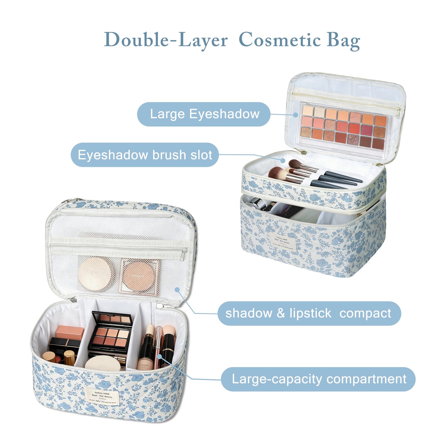 Gosect Quilted Floral Makeup Bag, Double Layer Large Capacity Cosmetic Bag with Compartments, Cute Coquette Aesthetic Toiletry Bag, Portable Travel Organizer with Dividers for Women Girls