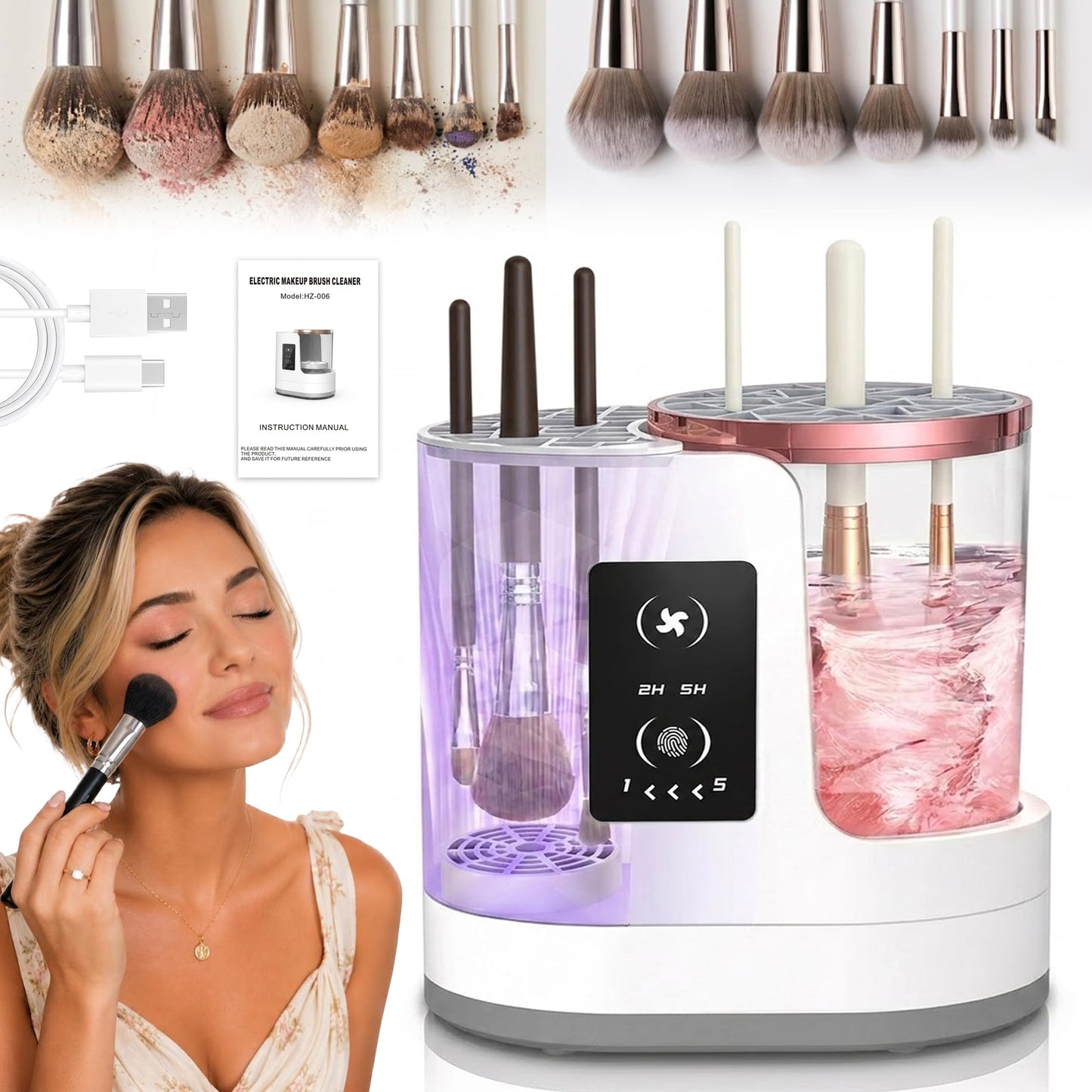 2026 Upgrade 3 in 1 Electric Makeup Brush Cleaner, Automatic Makeup Brush Cleaner Machine with Adjustable 2h/5h Dryer-Holder, Makeup Brush Washer and Dryer for All Brush Sizes, Plug in Design (A)