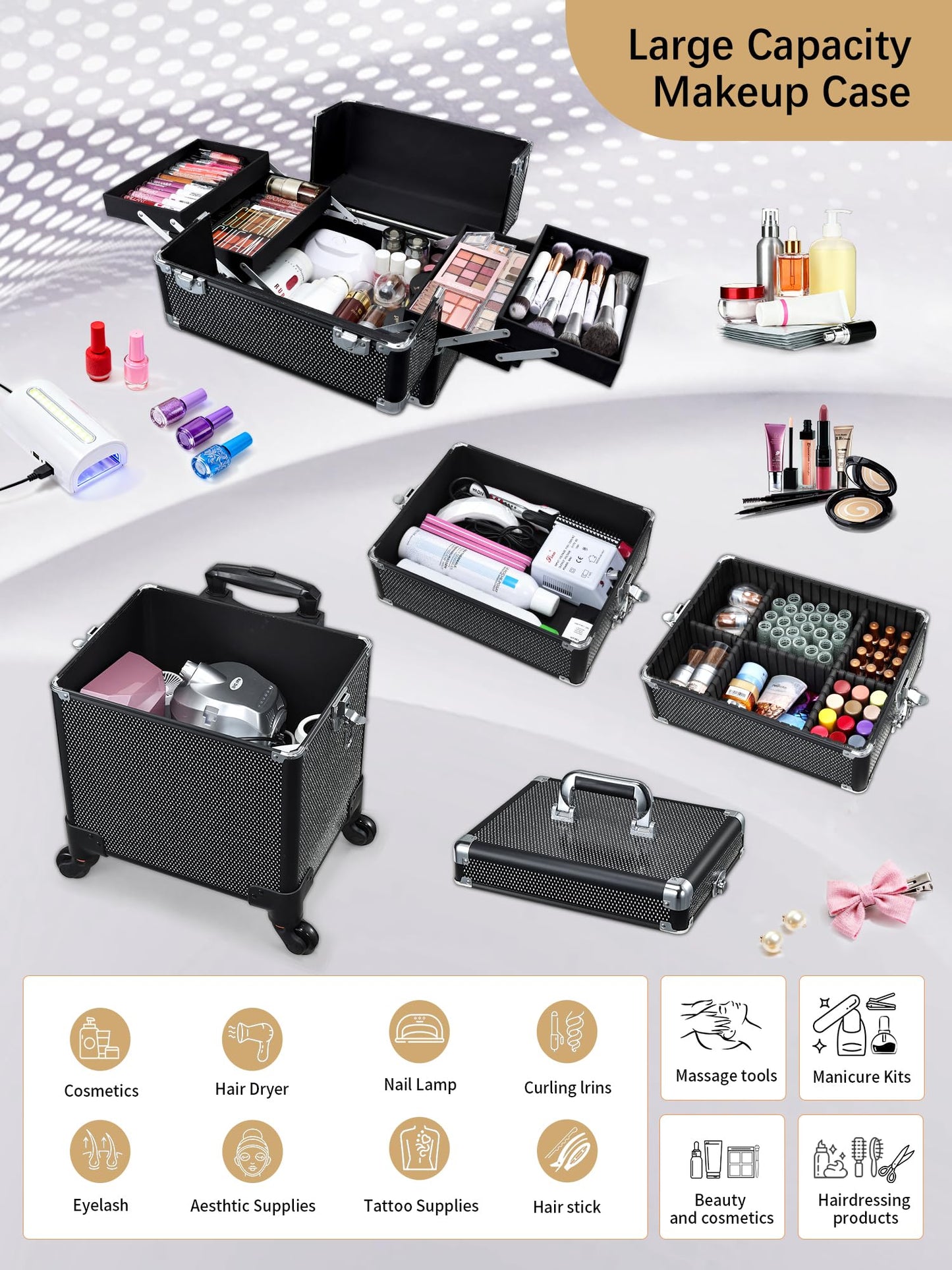 Costravio 5 in 1 Rolling Makeup Case on Wheels Large Cosmetology Case Organizer Beauty Cosmetic Train Case Travel Nail Cart for Make-up Studio Hair Salon, Black Rhinestone