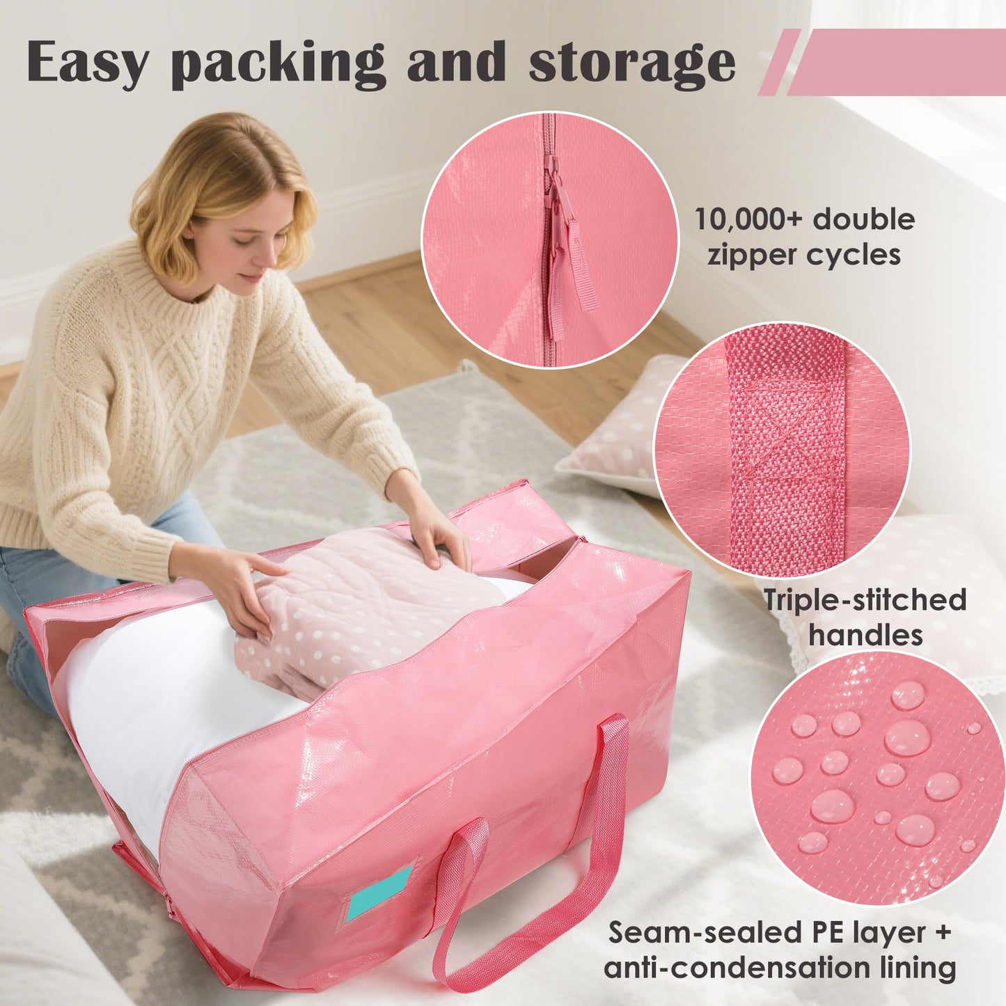 RMOHRO 6 Pack Moving Bags with Full-Open Side Zipper, Extra Large 93L Heavy Duty Waterproof Foldable Storage Totes for College Dorm, Moving & Home Organization Pink