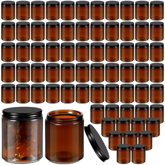 Lallisa 72 Pcs 8 oz Cobalt Glass Jars with Black Metal Lids Round Small Cosmetic Jars Round Glass Containers for Apothecary Body Butter Herbs Spice and Food Storage (Amber)