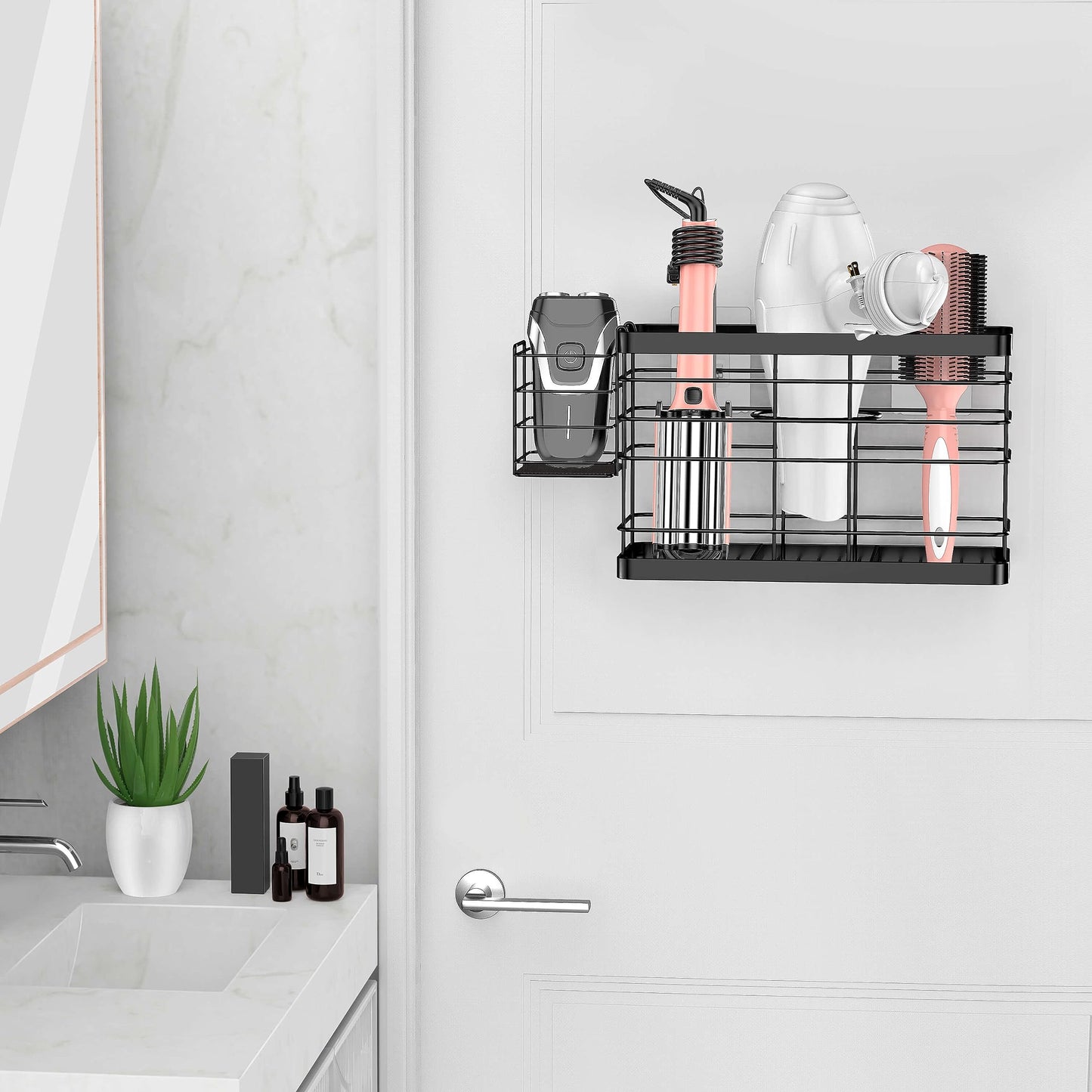 Vecallo Hair Tool Organizer - Black Steel Wall Mounted Hair Dryer Holder with Removable Basket, 10.62"L x 4.33"W x 6.69"H, Ideal for Small Bathrooms