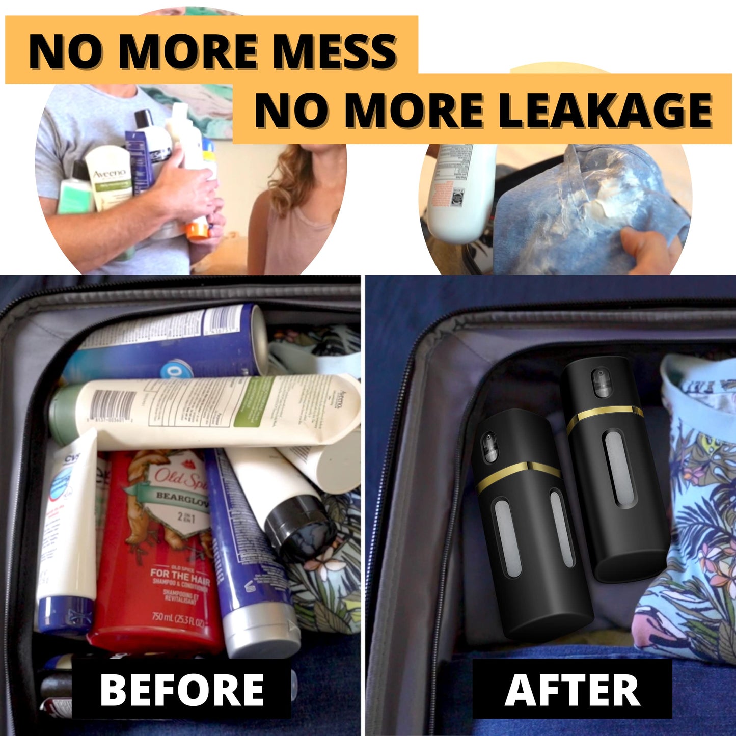 LASBOTTLE 4 in 1 Travel Bottle Travel Accessory Travel Essentials Liquid Dispenser Travel Container Pump Bottle Leak Proof Toiletries Soap Cosmetic Lotion Spray, 6.1 oz (Gold Black)