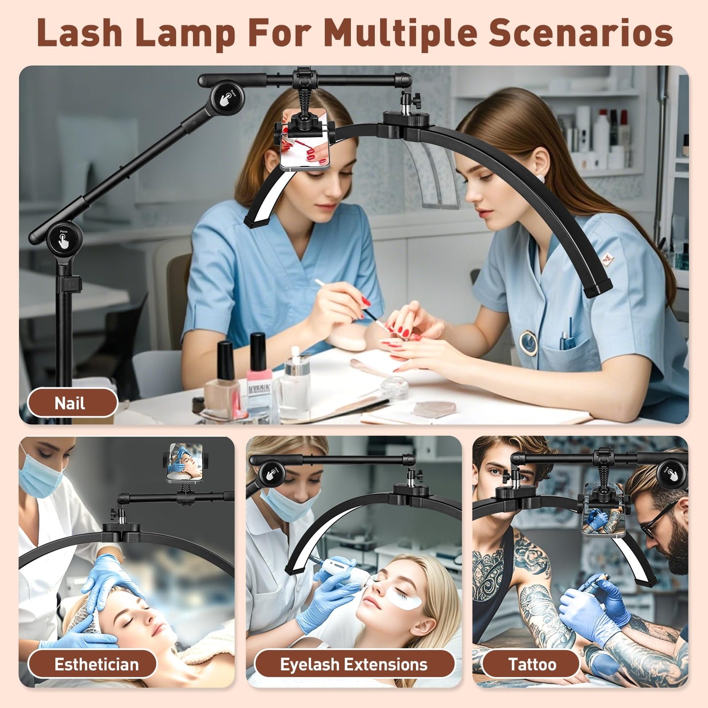 HITTI Half Moon Eyelash Esthetician Light - 2026 LED Lash Tech Lamp with 4-Wheel Rolling Base, 3 Color Modes, Dimmable Brightness & Phone Holder for Extension, Tattoo Artists, Beauty, SPA -Black