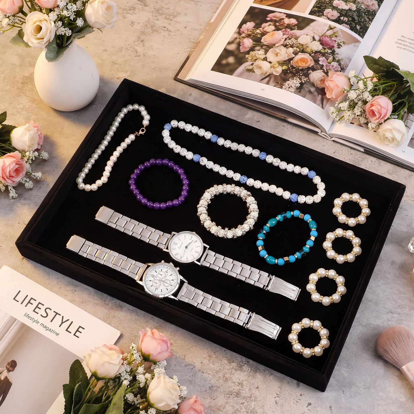 Xaajooio 6 Pcs Velvet Stackable Jewelry Tray, Jewelry Organizer and Display for Bracelets Rings Earrings Necklaces, for Drawer and Countertop Showcase, Black