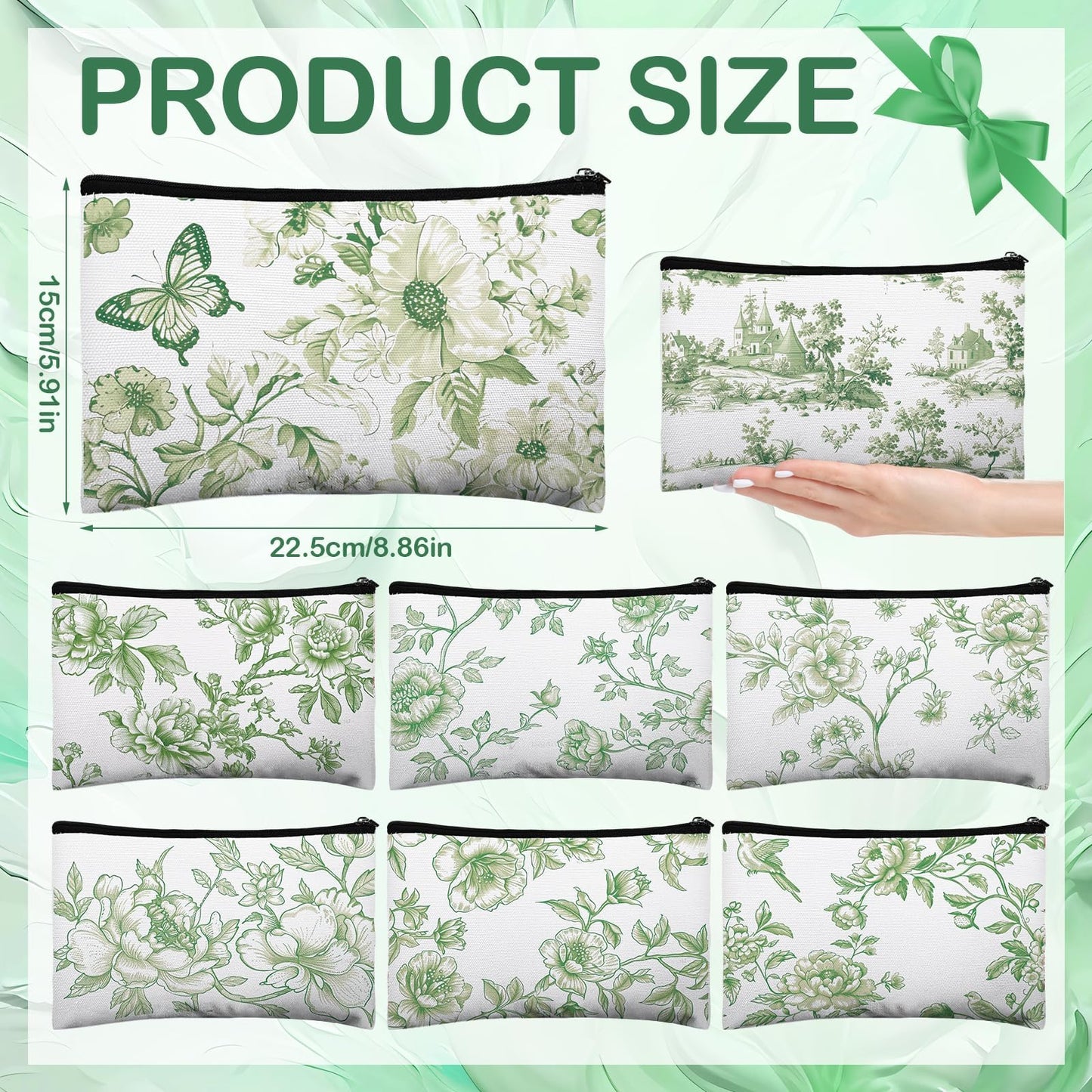 Stuffygreenus 16 Pcs Floral Cosmetic Bags Bulk for Women Sage Green and White Floral Makeup Bags Chinoiserie Canvas Travel Zipper Pouches Aesthetic Toiletry Bag for Girls Bridesmaids Wedding Supplies