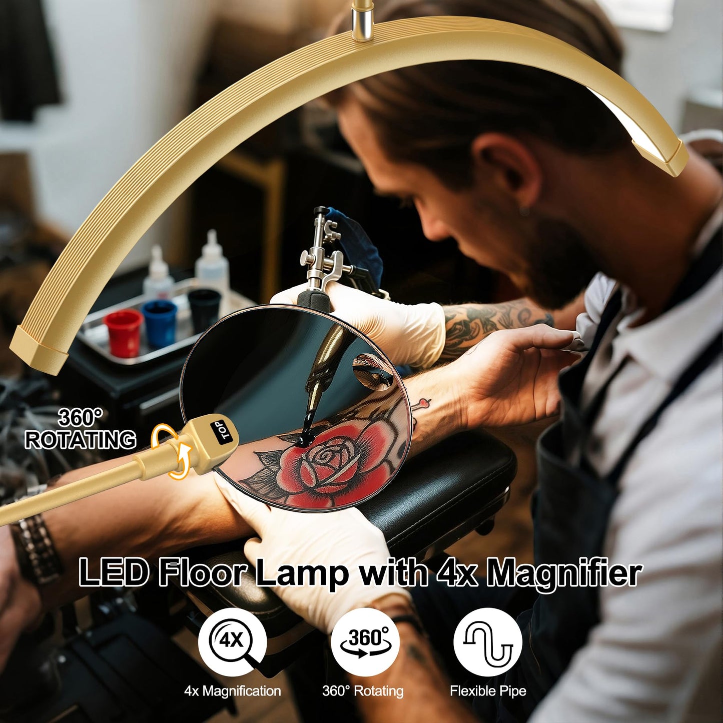 AURELLE Half Moon Lash Light - Adjustable LED Floor Lash Lamp with 4X Magnifier & Phone Holder for Eyelash Extensions,Nail Art,Tattoo,Skincare,Salon SPA-Dimmable Brightness,Rotating Head, Gold