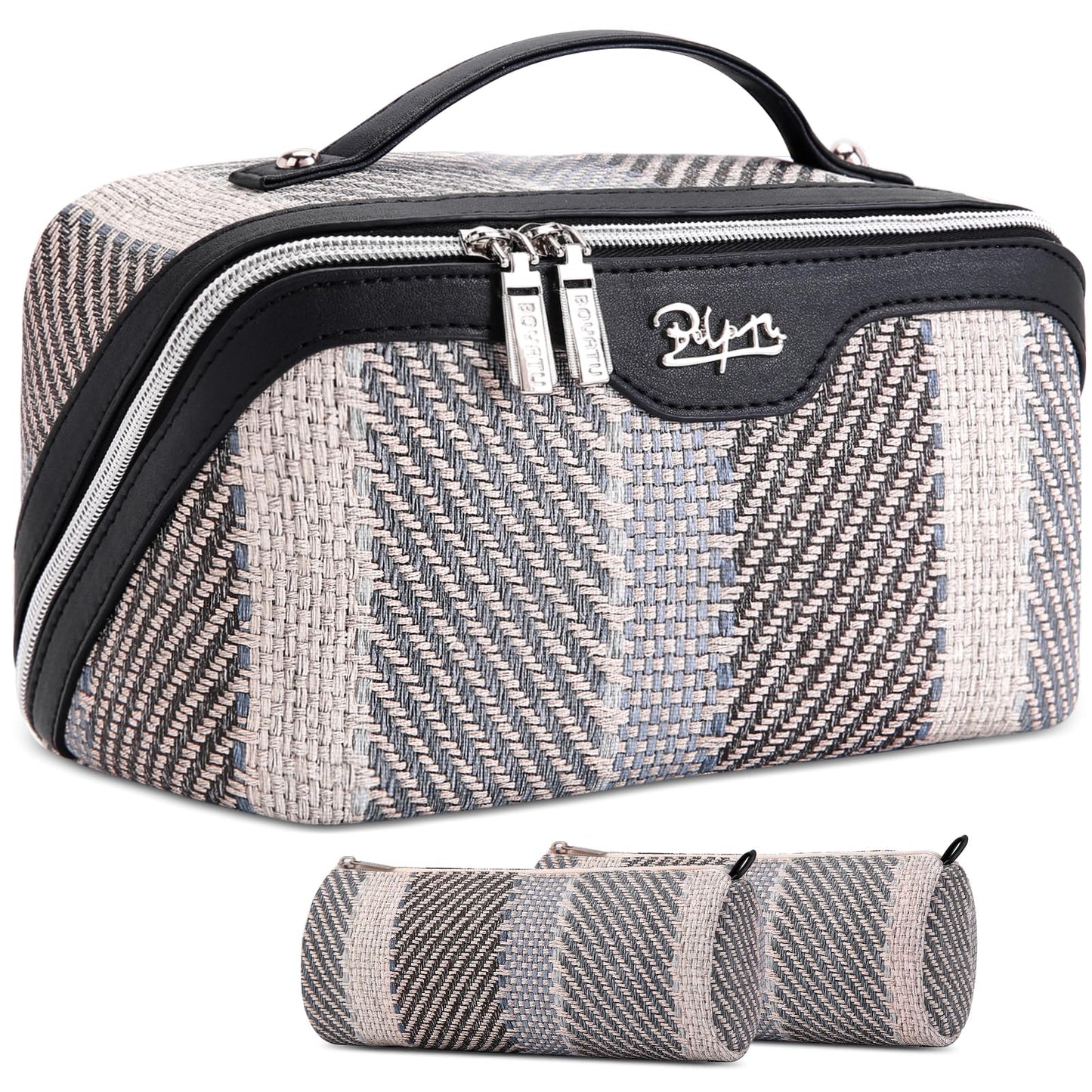 BOYATU Travel Makeup Bag Cosmetic Bag for Women: 3 Pcs Set Make up Bag with Compartments - Waterproof Vegan Leather Toiletry Bags with Handle - Makeup Organizer for Travel Essentials(C-4-Black)