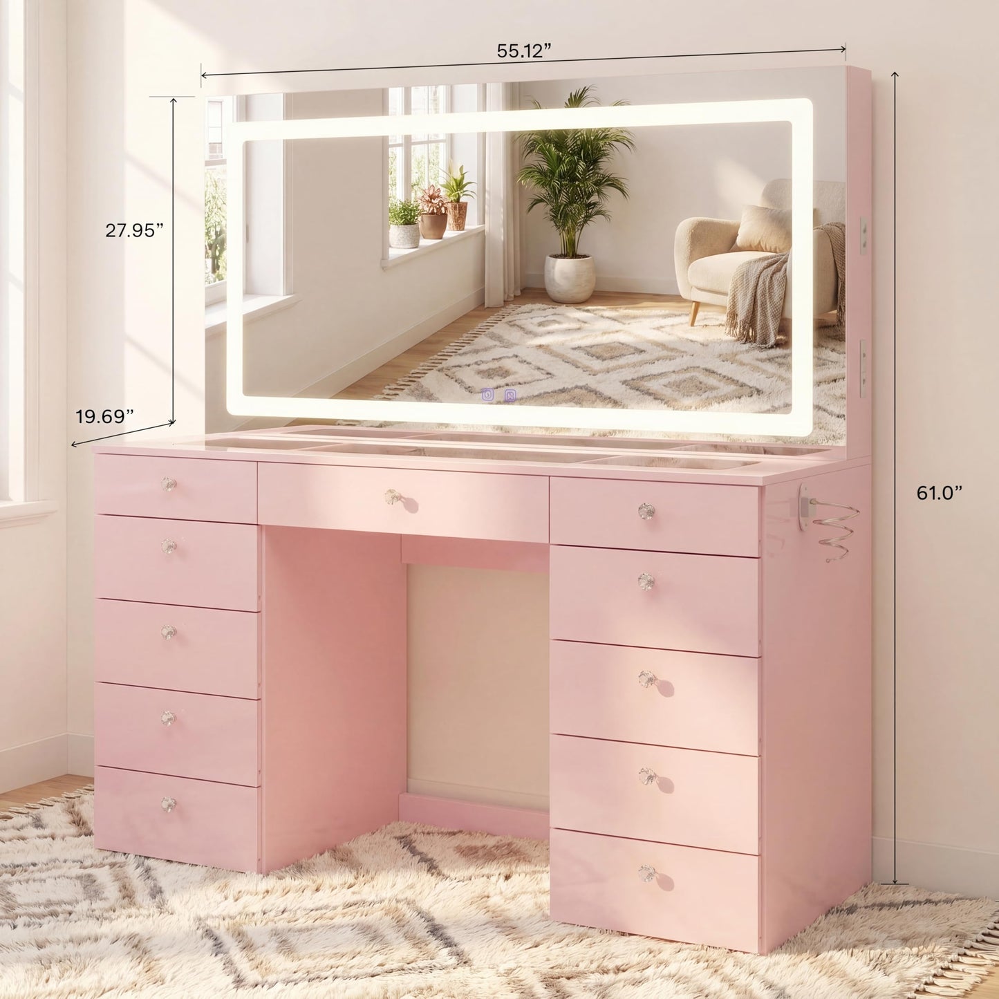 Boahaus Elara Extra-Large Vanity Desk with LED Mirror – Complete Makeup Station with Integrated Power & Built-in Speakers