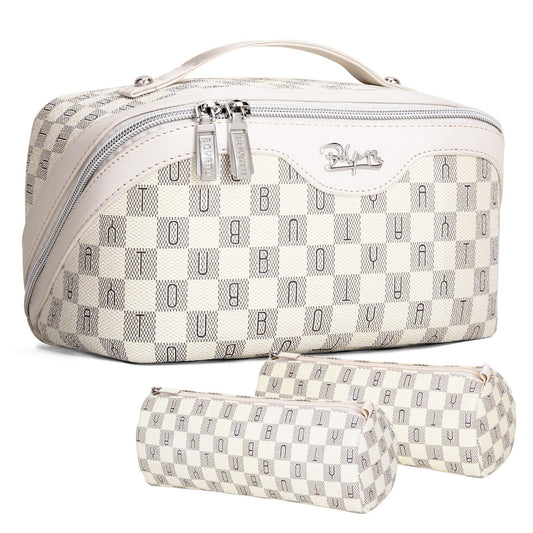 BOYATU Travel Makeup Bag Organizer Cosmetic Bag: 3 Pcs Set Make up Bags for Women with Handle - Waterproof Vegan Leather Toiletry Bags Travel Essentials Pouch with Compartments (H-03-White)