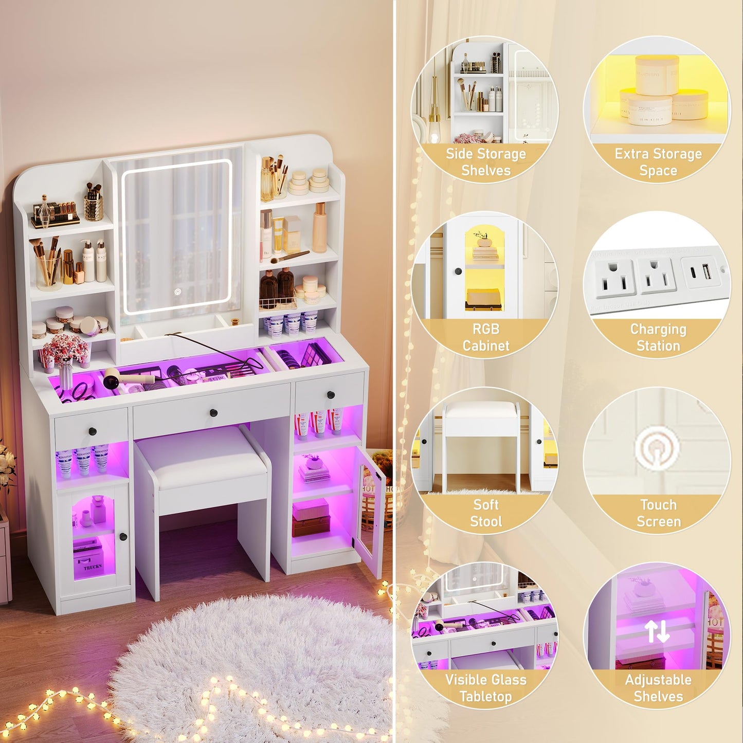 43.2" Vanity Desk with LED Mirror and RGB Glass Light Cabinets, Dressing Table with 3 Drawers, Storage Shelves, Glass Top, Adjustable 3-Color Lighting, Charging Station and Stool for Bedroom, White
