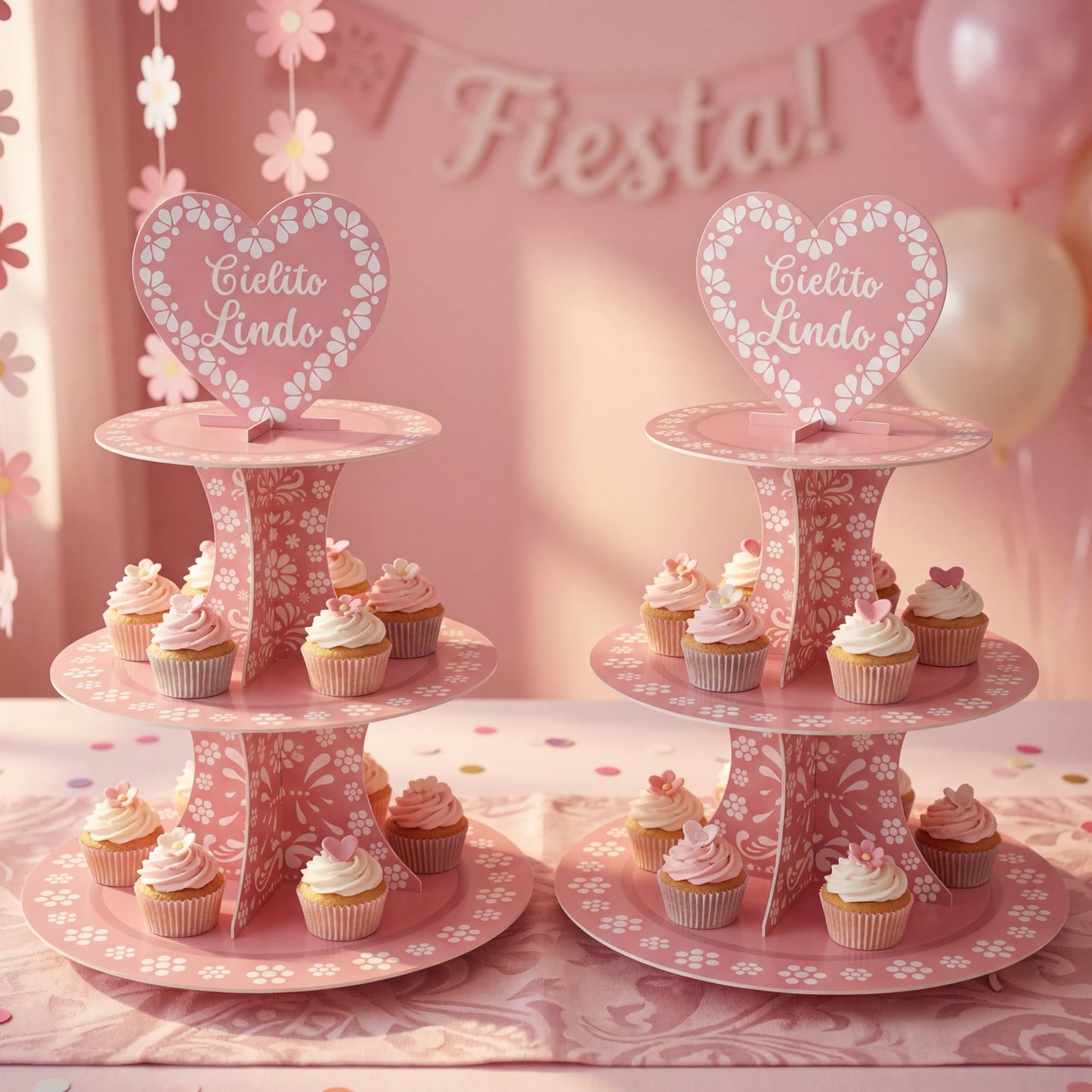 2PCS Pink Mexican Terracotta Cupcake Stand, 3 Tier Cupcake Dessert Tower
