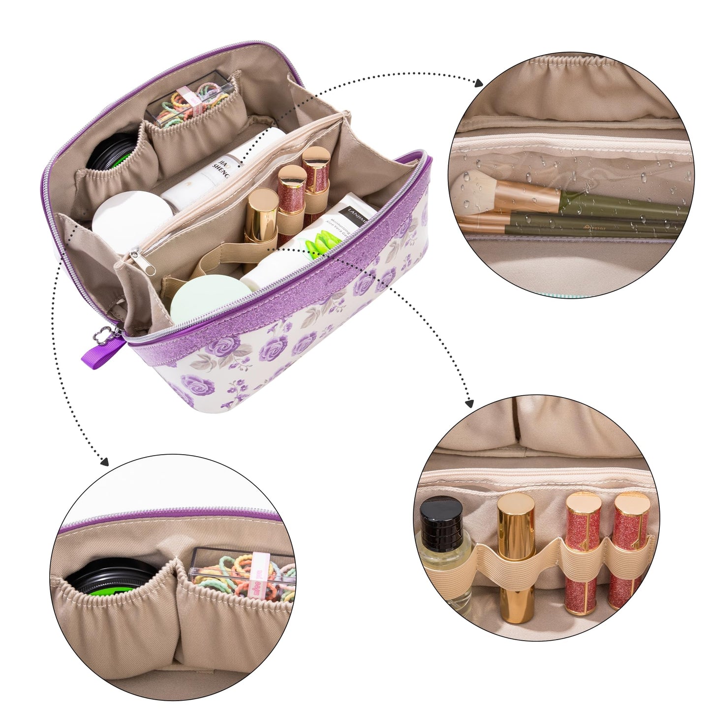 Mrsdry Travel Makeup Bag，Large-capacity waterproof cosmetic bag，Travel bags and toiletries bags for women，PU leather material，Multi-zone and large opening design (Purple flower)