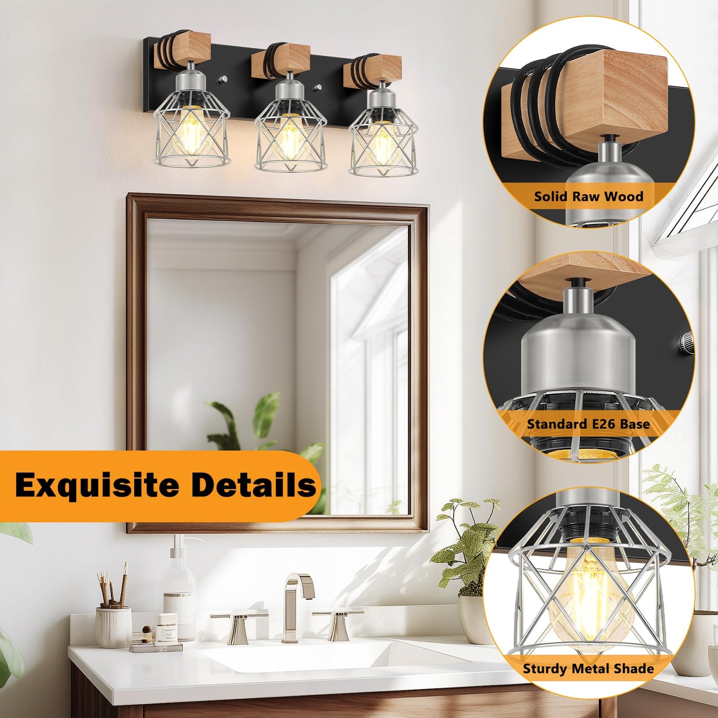 FadimiKoo 3-Light Wood Bathroom Light Fixtures Over Mirror, Rustic Black Silver Famhourse Sconces Wall Decor with Elegant Metal Lampshade for Living Room, Bedroom, Porch