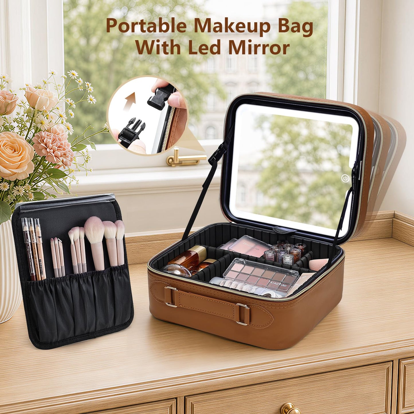 Faquenc Makeup Bag with LED Lighted Mirror 10.2-in Travel Makeup Bag Train Case Adjustable Brightness in 3 Colors Cosmetic Organizer Case Artist Storage Bag with Dividers Brush Holder Bag Vanity Brown