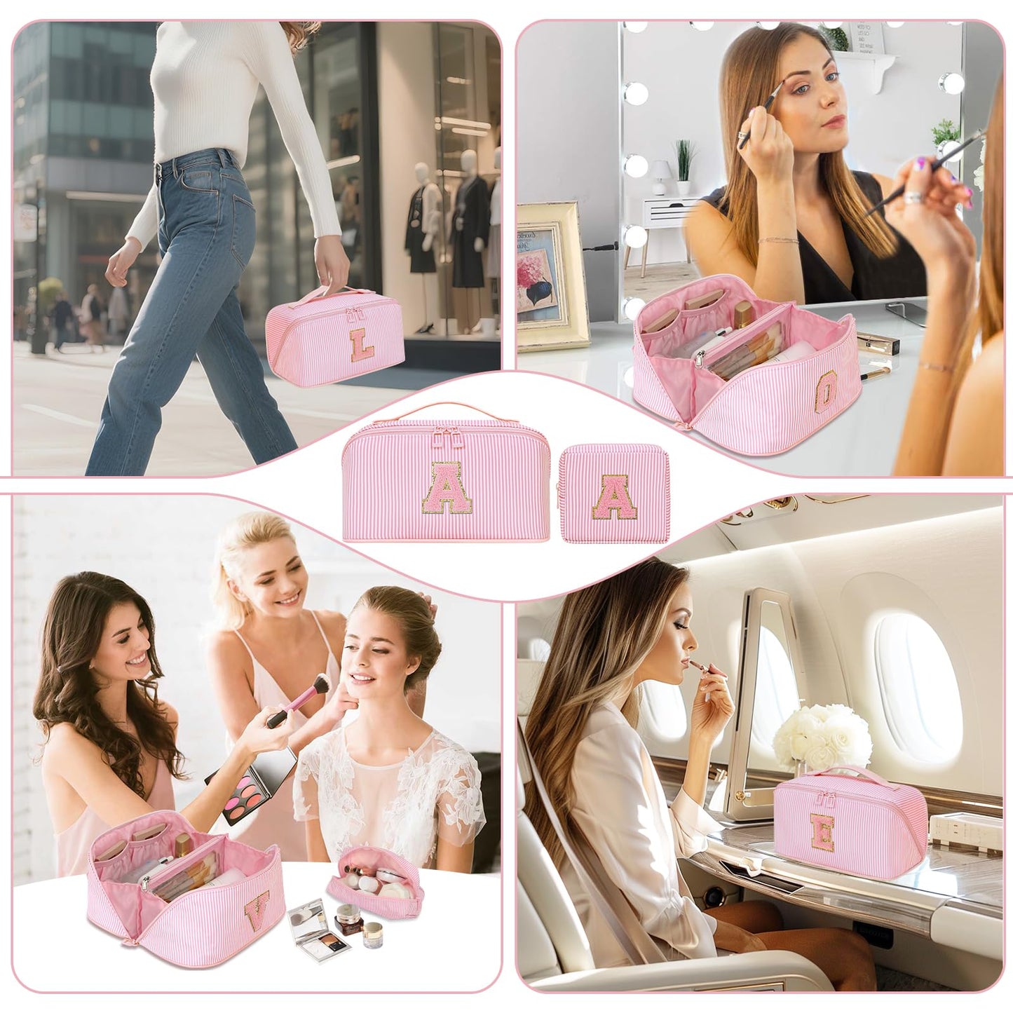 Initial Makeup Bag, Personalized Cosmetic Bag, 2Pcs Large Capacity Make Up Bag for Women, Open Flat Make up Cosmetic Organizer with Handle,Portable Make Up Organizer Pouch for Women - C