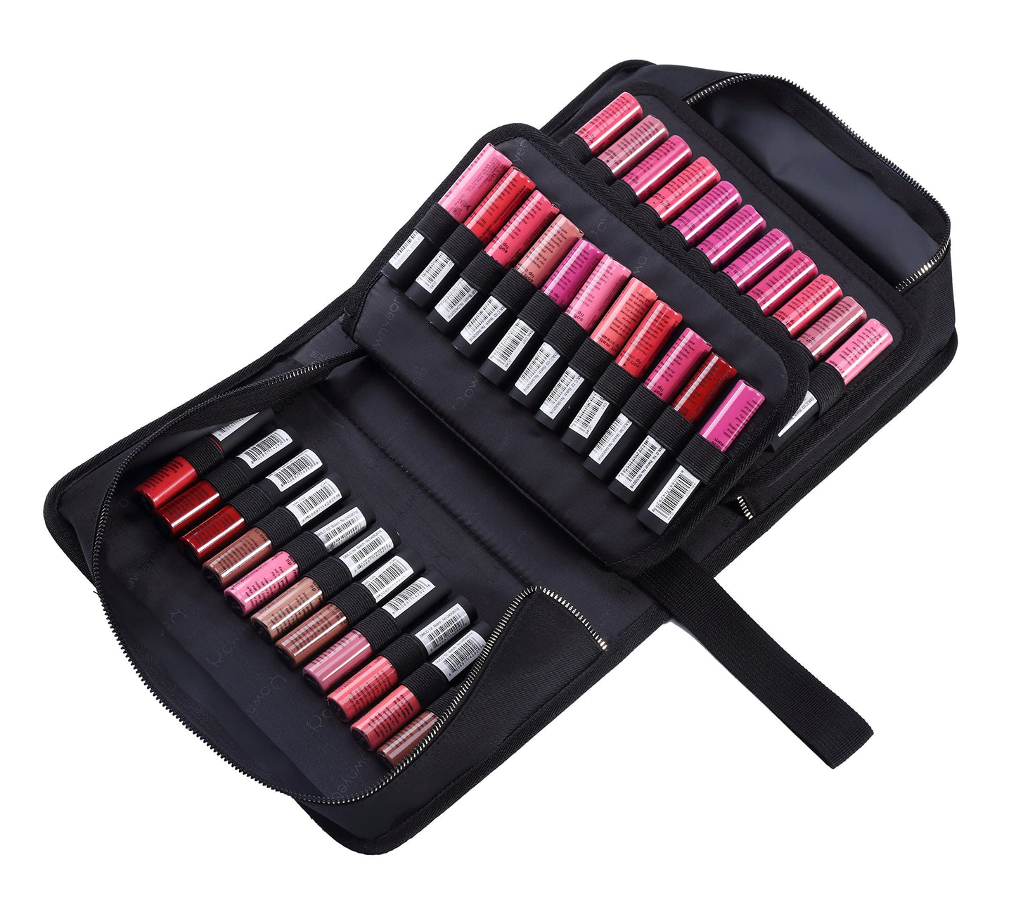 ROWNYEON 67 Slot Lipstick Organizer Bag - Large Capacity Multi-Layer Travel Makeup Case, Waterproof Oxford Lip Gloss & Marker Pen Holder with Elastic Straps for Makeup Artists (Black)