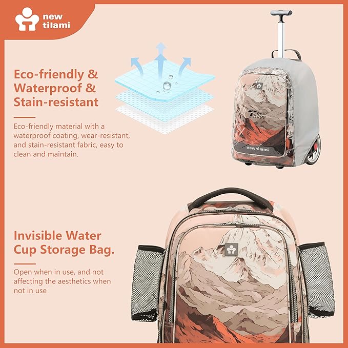 NEW TILAMI 20" Rolling Backpack for Teens Adults, Climbing Stairs Waterproof Backpack with Wheels for School Business Trave Camping with Laptop Compartment, Fit 17 Inch Laptop, Khaki Mountain