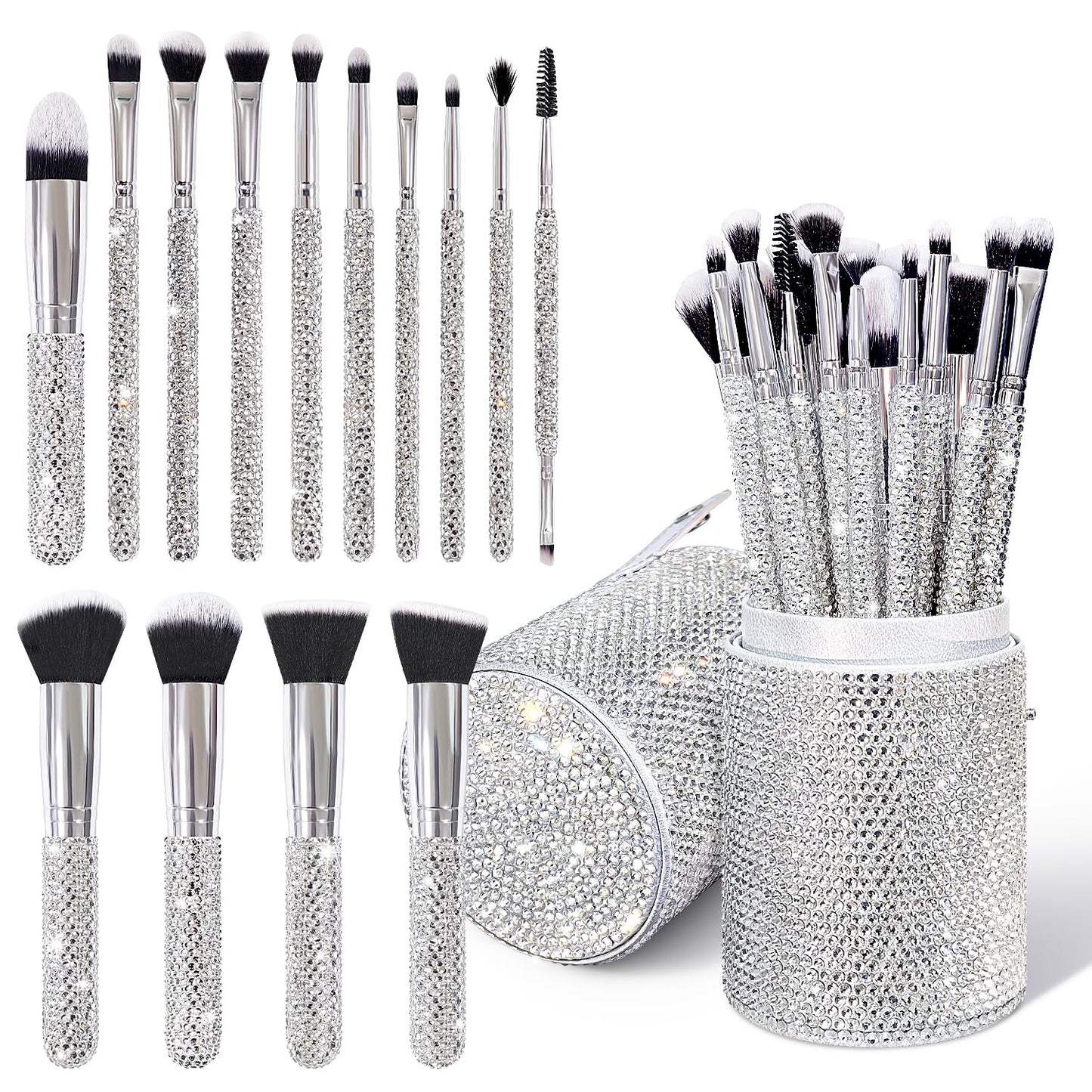 Yivaiks 14 Pcs Silver Bling Makeup Brushes Set Ultra Soft Professional Face Crystal Cosmetics Powder Concealer Eye Shadows Make Up Beauty Tool with Holder