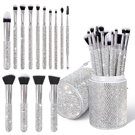 Yivaiks 14 Pcs Silver Bling Makeup Brushes Set Ultra Soft Professional Face Crystal Cosmetics Powder Concealer Eye Shadows Make Up Beauty Tool with Holder
