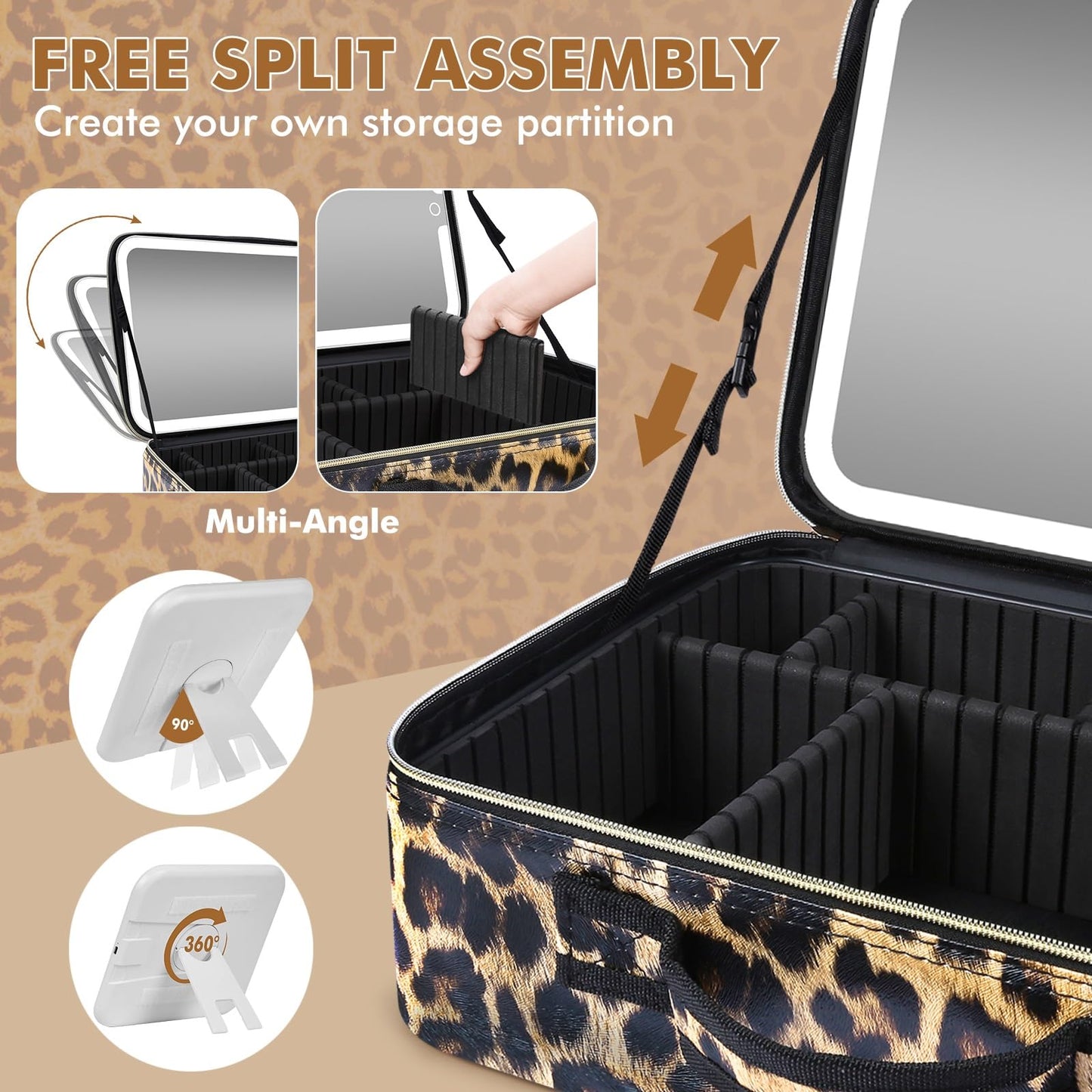 saiggnyy Large Travel Makeup Bag with LED Mirror, 3-Color Stepless Dimming Stand Mirror Detachable, with Adjustable Divider, Makeup Brush Holder Storage (Leopard)
