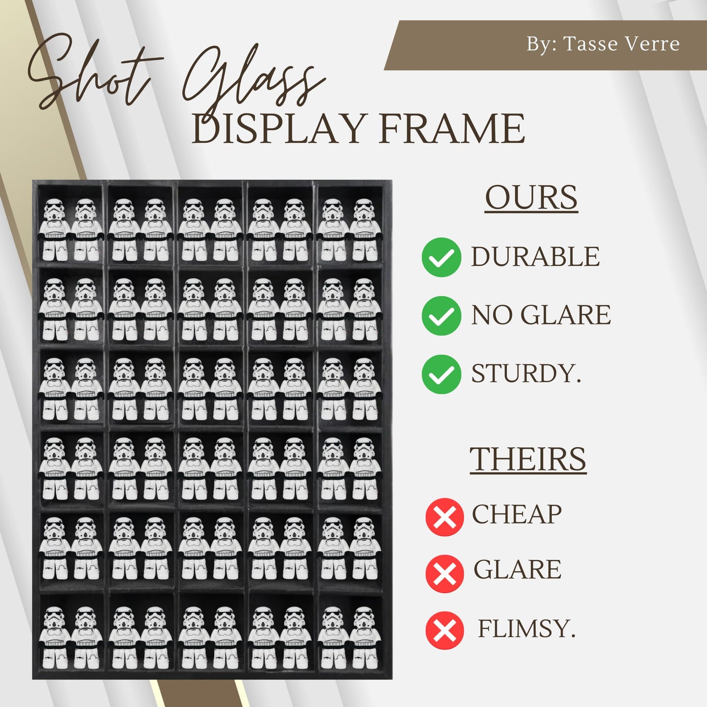 Tasse Verre 30 Shot Glass Shelf Display Case (1-Pack) - Large Wooden Collectibles Rack - Wall Mounted Black Bar Shadow Box Minifigure Storage, 16.7x12.2”