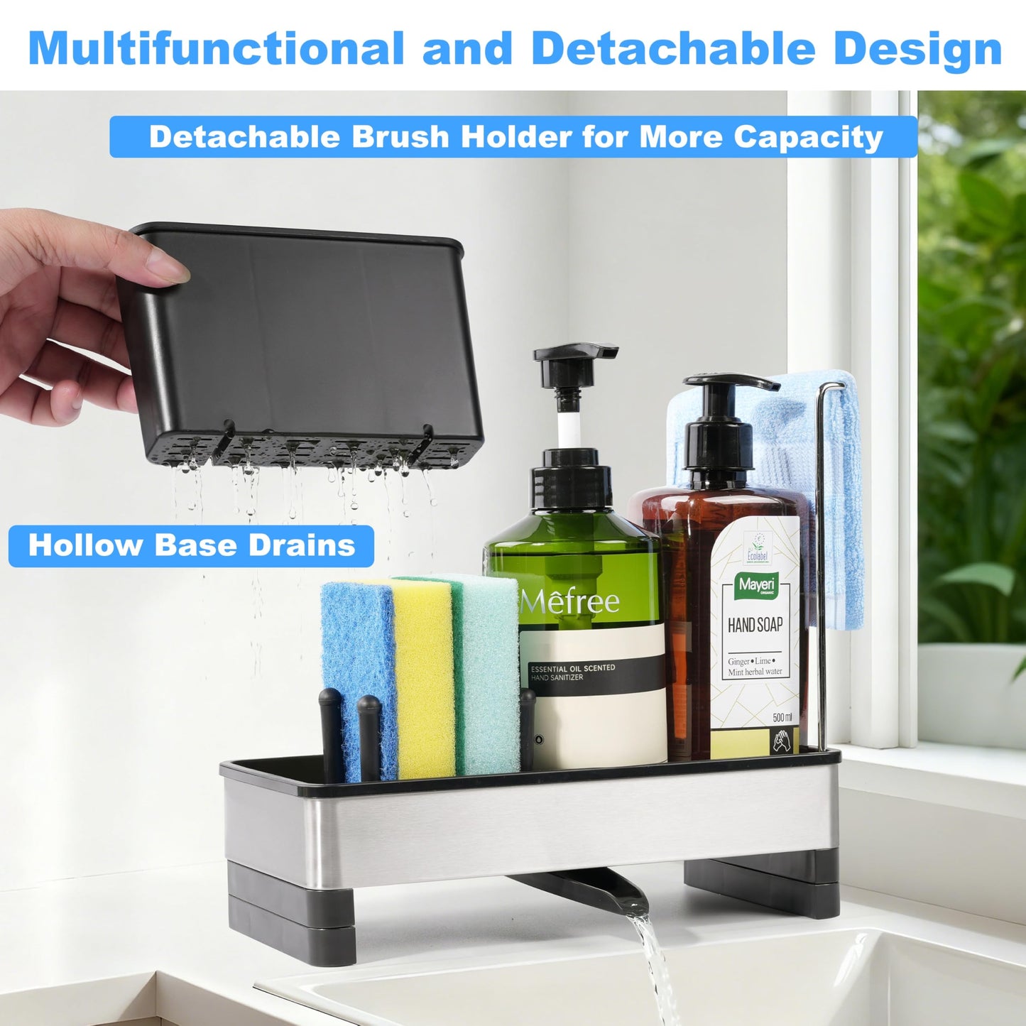 Ouletoy Kitchen Sink Caddy Organizer, Stainless Steel Sponge Holder, Kitchen Caddy Sink Organizer with Dish Brush Holder and Dishcloth Rack, Rustproof Dish Sponge Drying Rack for Countertop Storage