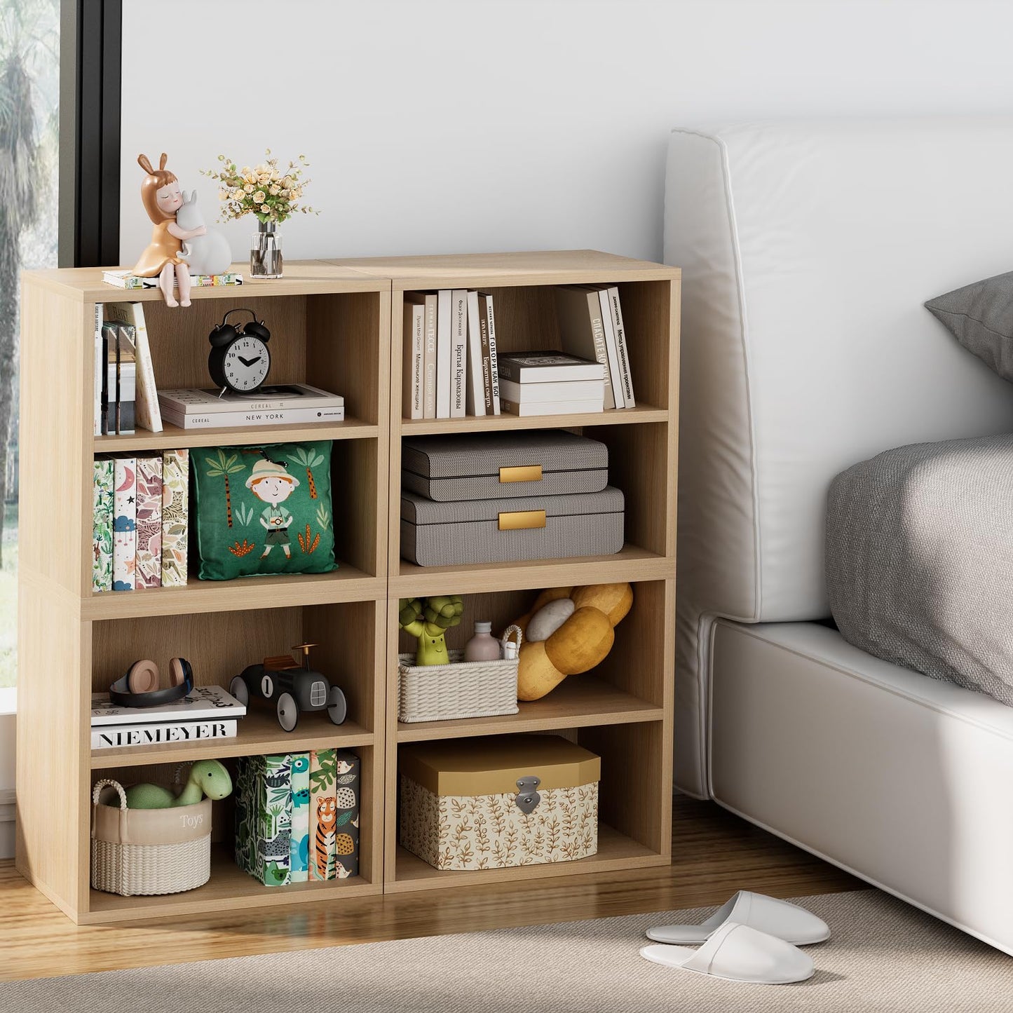 Garden 4 you Cube Storage Organizer Shelf, 2 Tiers Stackable Bookshelf, Wooden Display Bookcase with 2 Cube Storage, Small Storage Cabinet for Living Room Bedroom, Natural