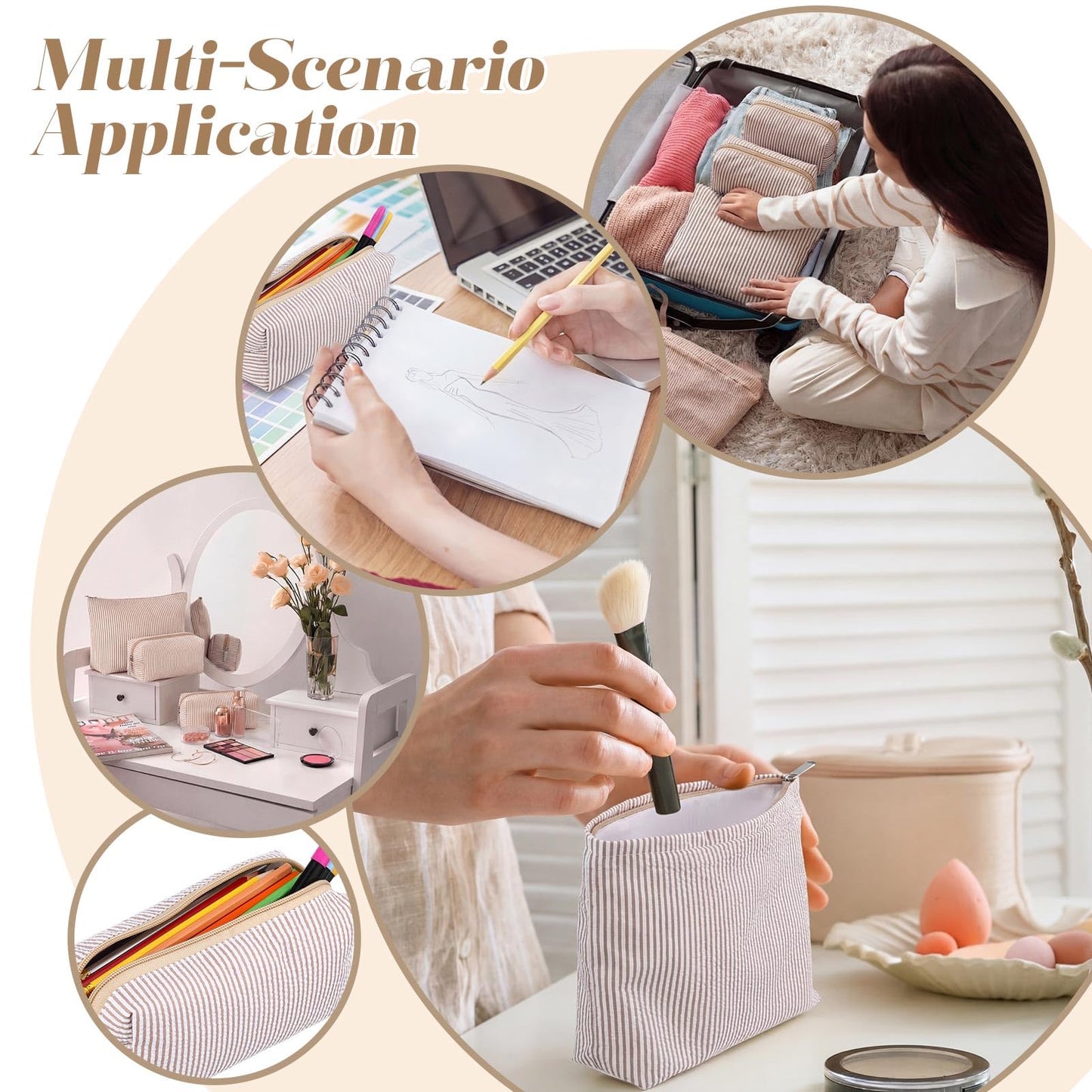 Huhumy 3 Pcs Makeup Bag Set Cute Stripe Cosmetic Pouch for Women Aesthetic Seersucker Travel Toiletry Bag Set Preppy Small Makeup Purse Pouch Cosmetic Organizer Pencil Case with Zipper(Khaki)