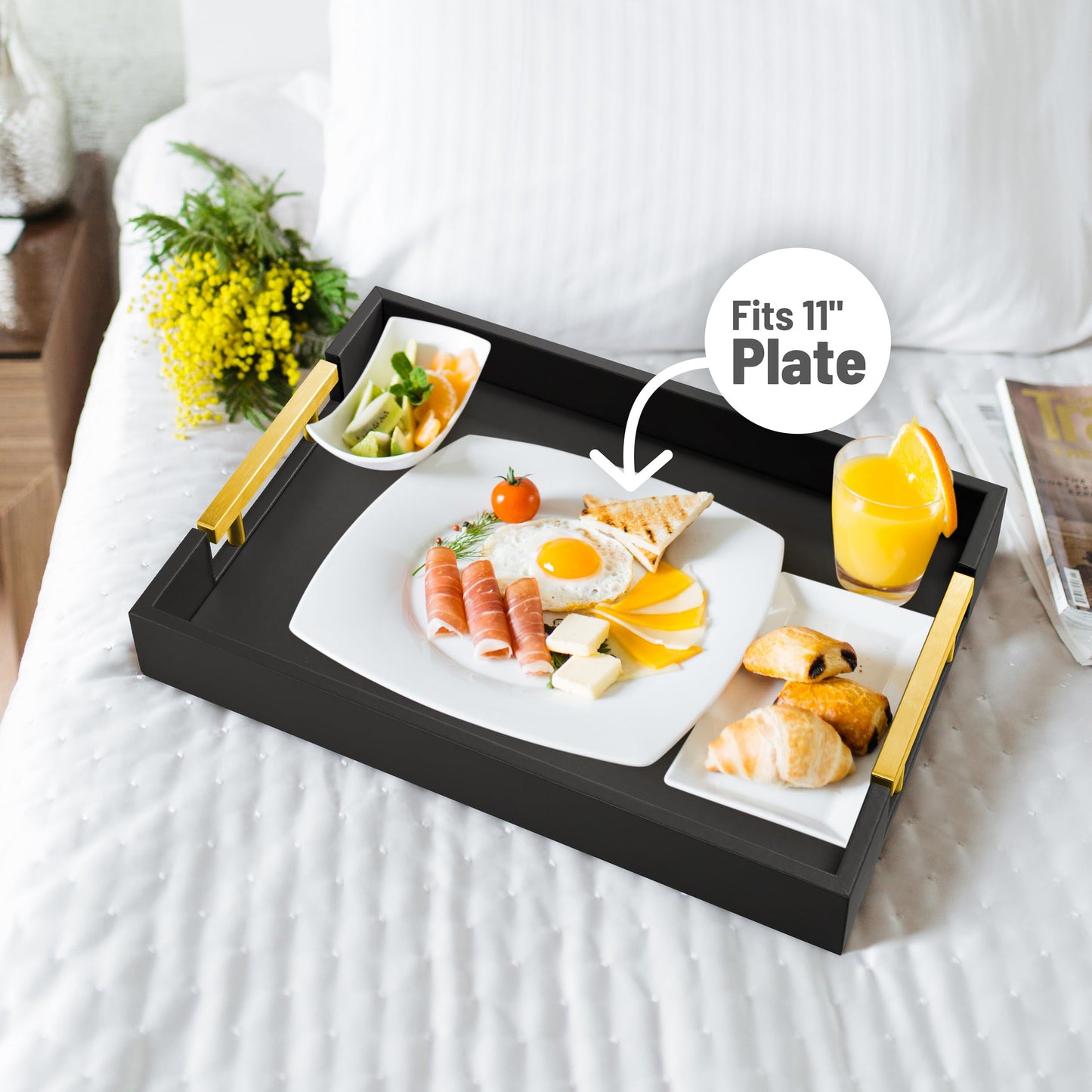 ATZYmolin Leather Serving Tray with Gold Polished Metal Handles, Home Decorative Wooden Rectangle Ottoman Decor Platter Bathroom Vanity Tray for All Occasions Black