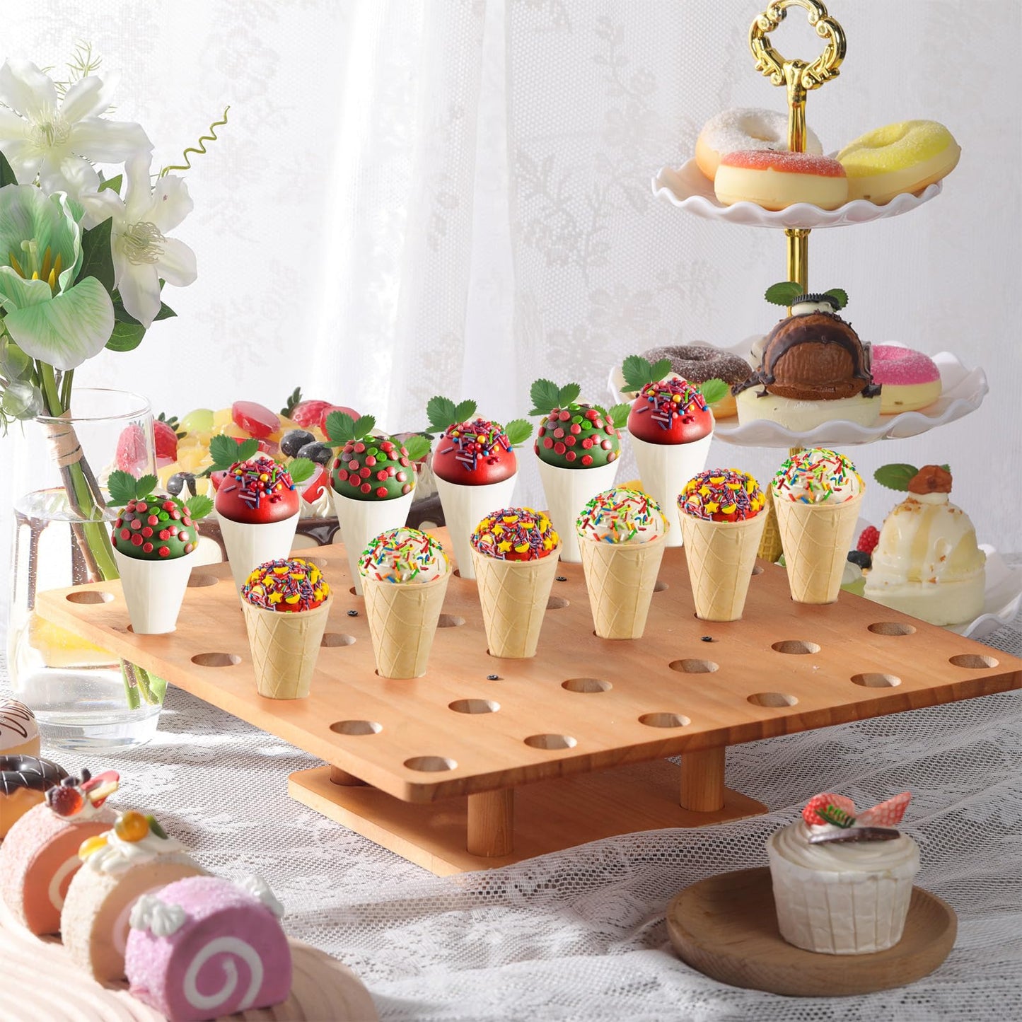 FoldTier 1 Pcs 36 Holes Ice Cream Cone Holder Stand 13" Wooden Charcuterie Cones Sushi Hand Roll Display Stand for Buffet, Food Trucks, Catered Events or Party Supply(Square)