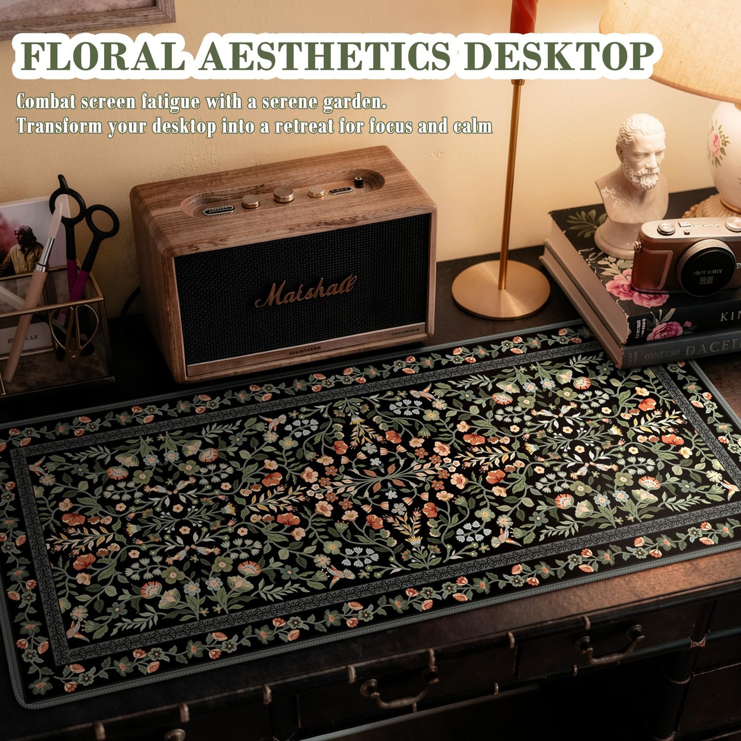 iCasso Desk Mat for Keyboard and Mouse, Large Mouse Pad, Desk Pad Mat, Anti-Slip Big Mousepad with Stitched Edges for Computer Desktop(Floral)