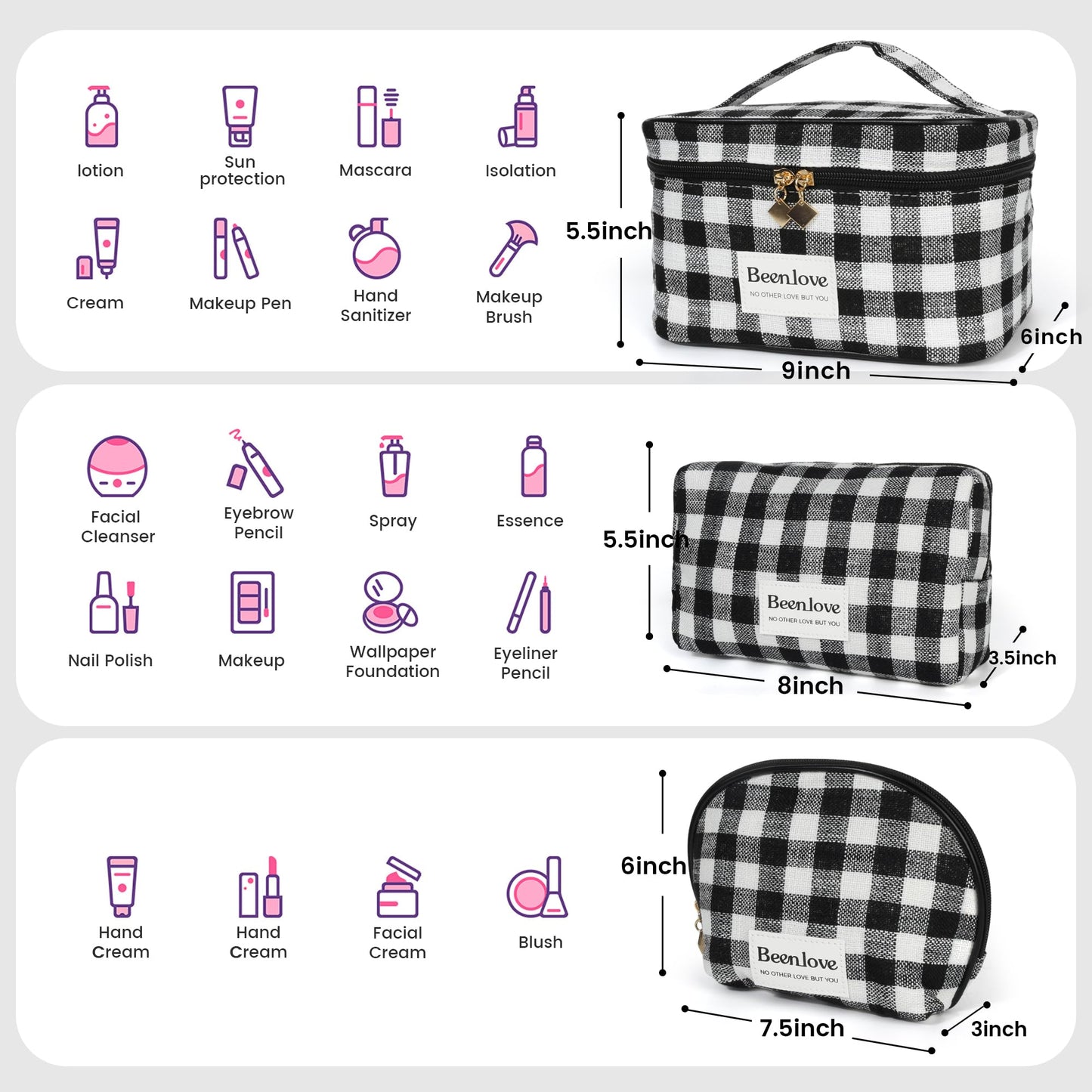 FAELBATY Makeup Bags for Women, 3 PCS Large Travel Makeup Bag Set, Checkered Fabric Cosmetic Bag for Toiletry (Black)