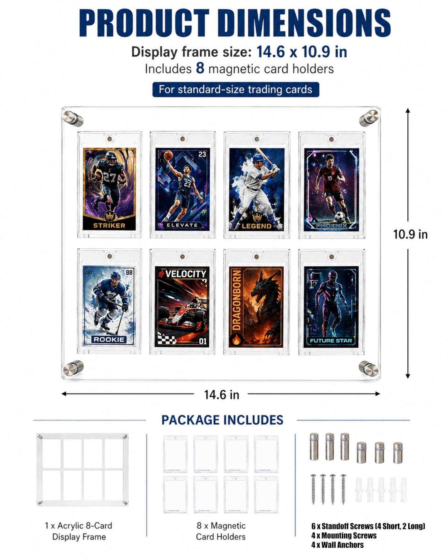 Acrylic 8 Card Display Frame with 8 Magnetic UV Protection Card Cases, Wall Mounted & Desktop Trading Card Display Stand for Sports Cards, Baseball Cards, Football Cards, Basketball Cards, TCG Cards