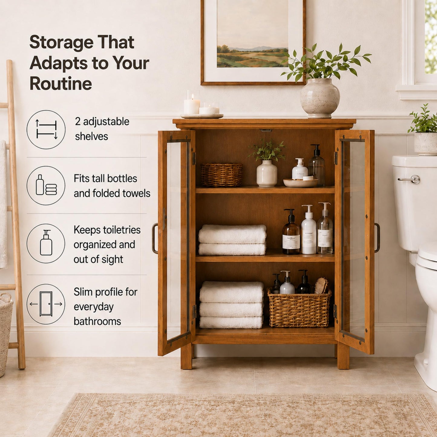 Teamson Home Avery Wooden Freestanding Floor Cabinet with 2 Adjustable Shelves 3 Storage Spaces 2 Glass Paneled Doors and 2 Antique Brass Knobs, Oiled Oak