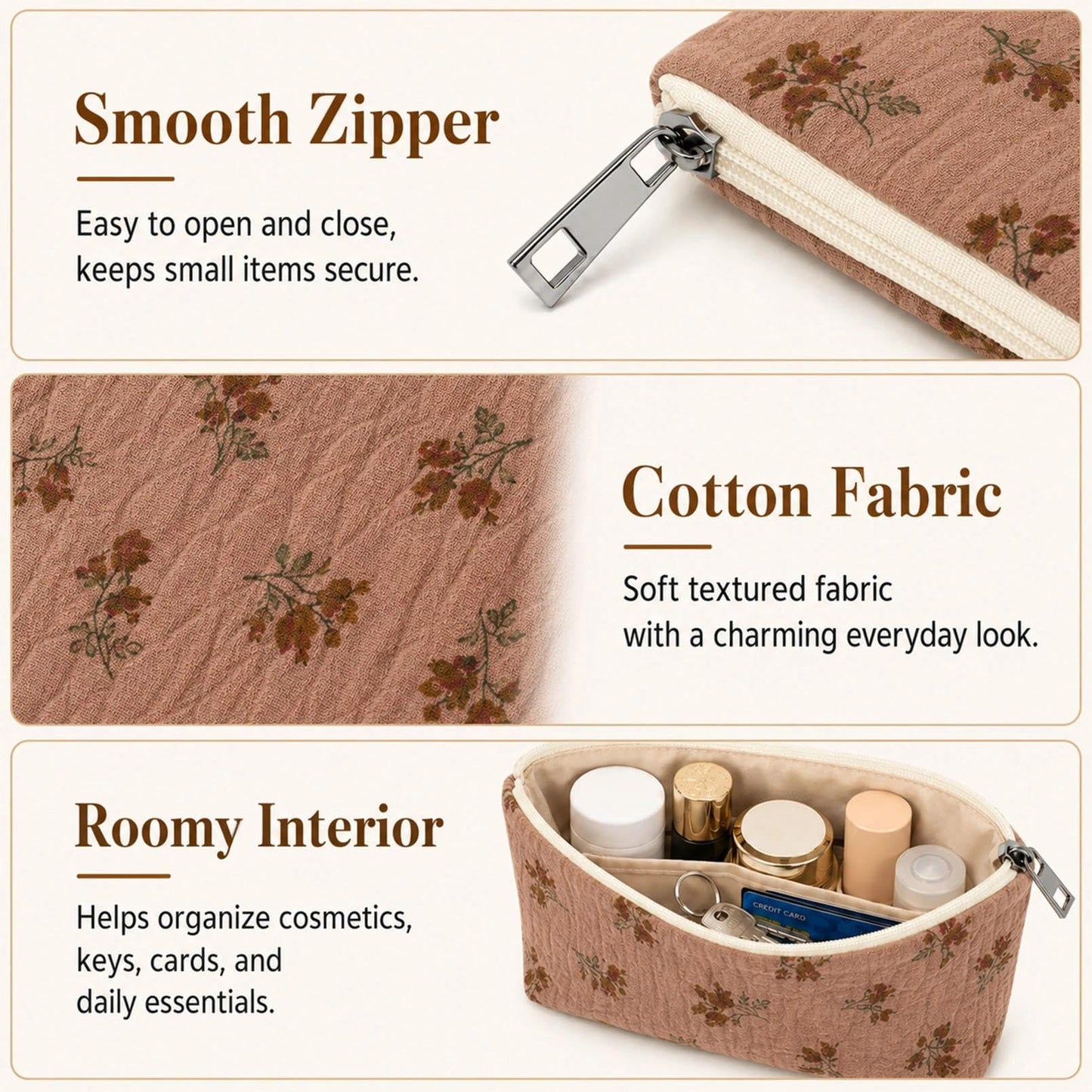 BBORGDC Small Bags for Purse Set of 3, Cute Cotton Floral Purse Organizer Bags, Small Makeup Bag Pouches with Inside Pocket, Cosmetic Pouch Set for Travel & Daily Essentials