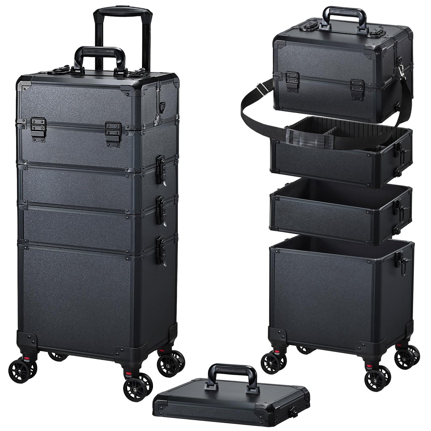 Rolling Makeup Case Makeup Train Case with Lid 5 in 1 Cosmetology Case on Wheels Cosmetic Trolley Organizer Large Makeup Organizers Case Profesional Cosmetic Case for Salon Barber Nail Beauty, Black