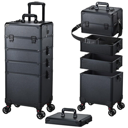 Rolling Makeup Case Makeup Train Case with Lid 5 in 1 Cosmetology Case on Wheels Cosmetic Trolley Organizer Large Makeup Organizers Case Profesional Cosmetic Case for Salon Barber Nail Beauty, Black