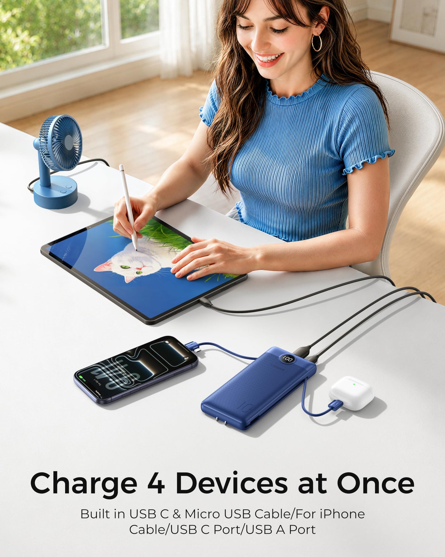 VEGER Portable Charger with Built-in AC Plug and Cables, All in One 10000mAh Ultra Slim Power Bank Emergency Fast Charging for Travel Battery Pack Compatible with iPhone, Samsung, Android, Navy