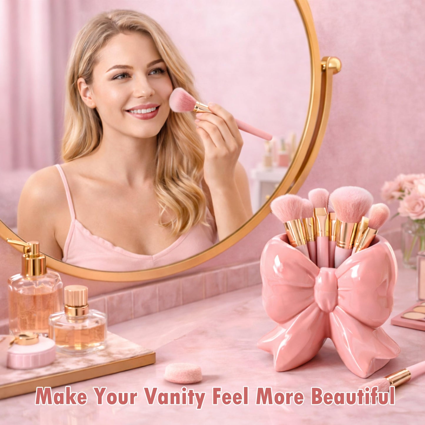 Pink Bow Toothbrush Holder, Ceramic Organizer Cup for Makeup Brushes & Pencils, Cute Small Bow Vase, Coquette Room Decor for Bathroom Vanity Desk Shelf, Gift for Women (Blush Pink)