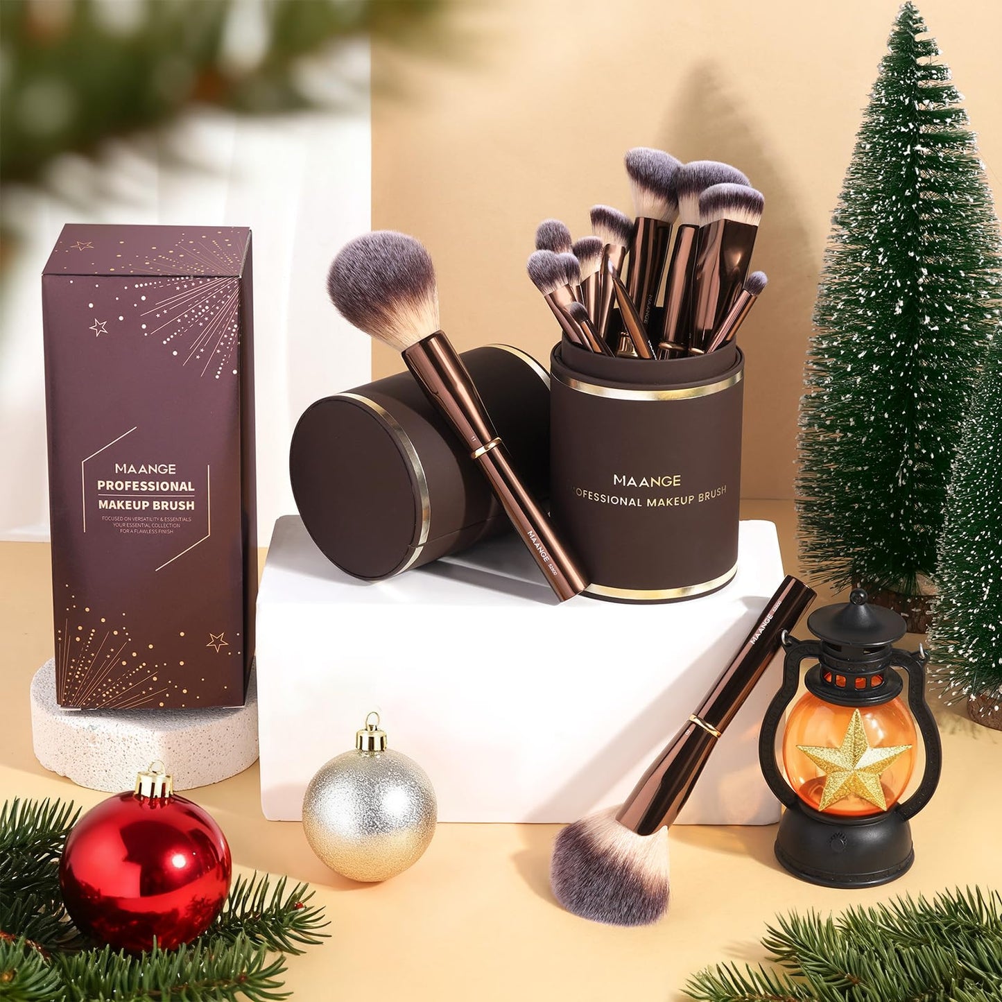 MAANGE 13Pcs Makeup Brushes with Case, Professional Brochas De Maquillaje for Face & Eyes, Soft Synthetic Foundation Powder Blush Eyeshadow Brush Kit with Gift Box,CoffeeBrown