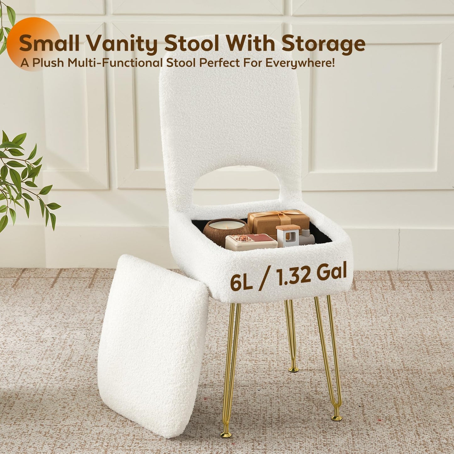 BRIAN & DANY Vanity Chair with Storage and Folding Back, Teddy Velvet Square Storage Chair, Vanity Stool Chair with 4 Metal Legs for Bedroom, Living Room and Makeup Stations, 13.4"x 15"x 30", White