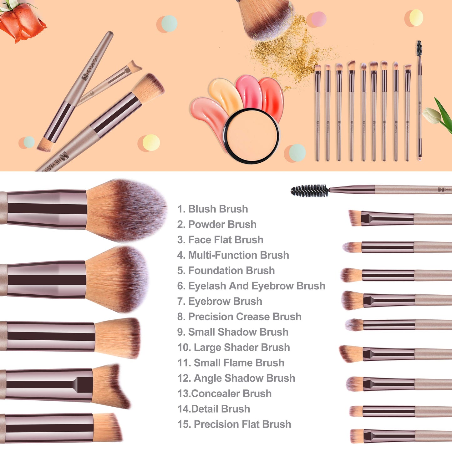 15PCS Champagne Gold Makeup Brushes & 22Pcs Makeup Brushes Set Professional with Fold Case Make up Brushes Gift Set