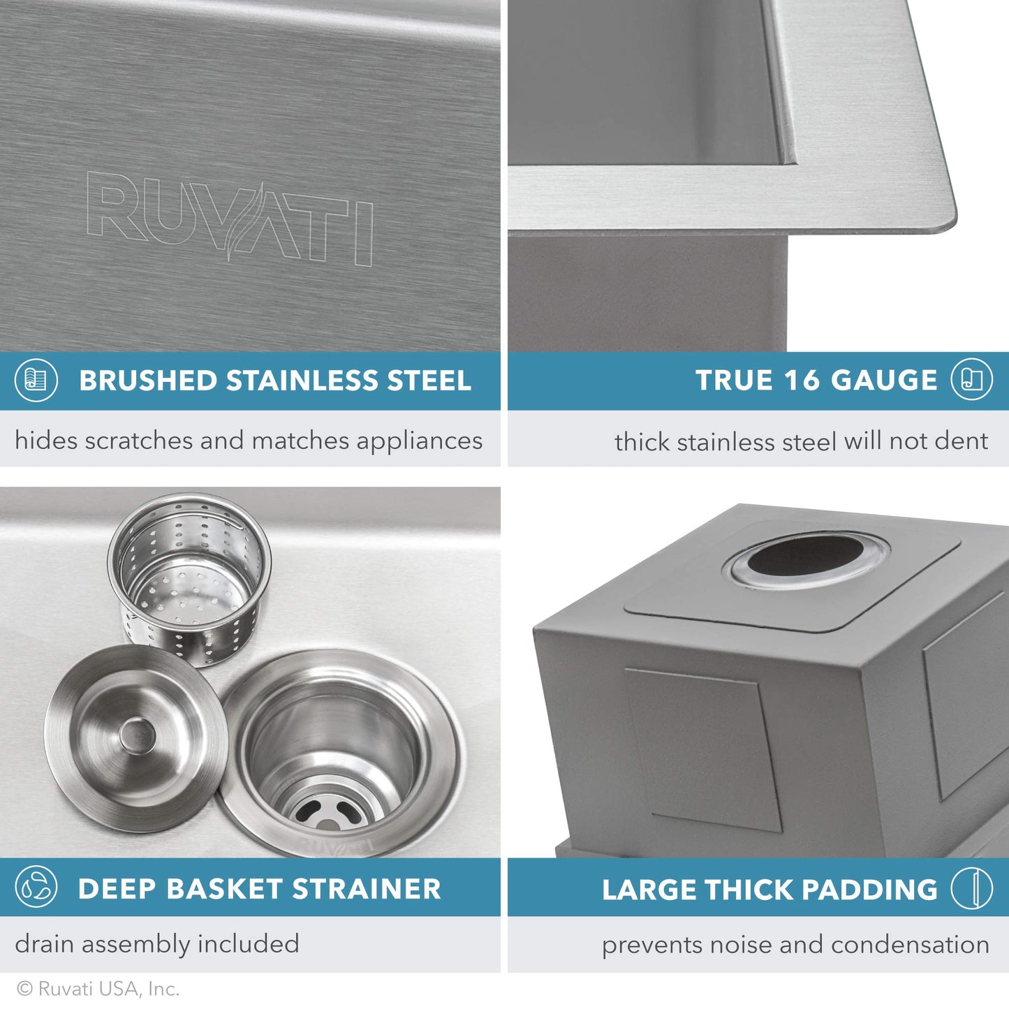 Ruvati 15 x 20 inch Workstation Drop-in Topmount Bar Prep RV Camper Van Sink 16 Gauge Stainless Steel - RVH8210