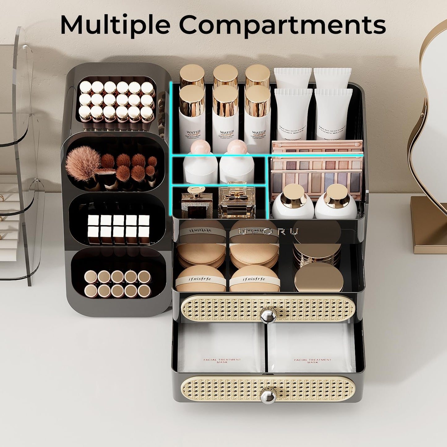 UFORU Makeup Organizer for Vanity with Brush Holder, Large Capacity Bathroom Countertop Skincare Organizer with 2 Drawers, Cosmetic Display Case for Perfumes, Eyeshadow Palettes, Nail Polishes